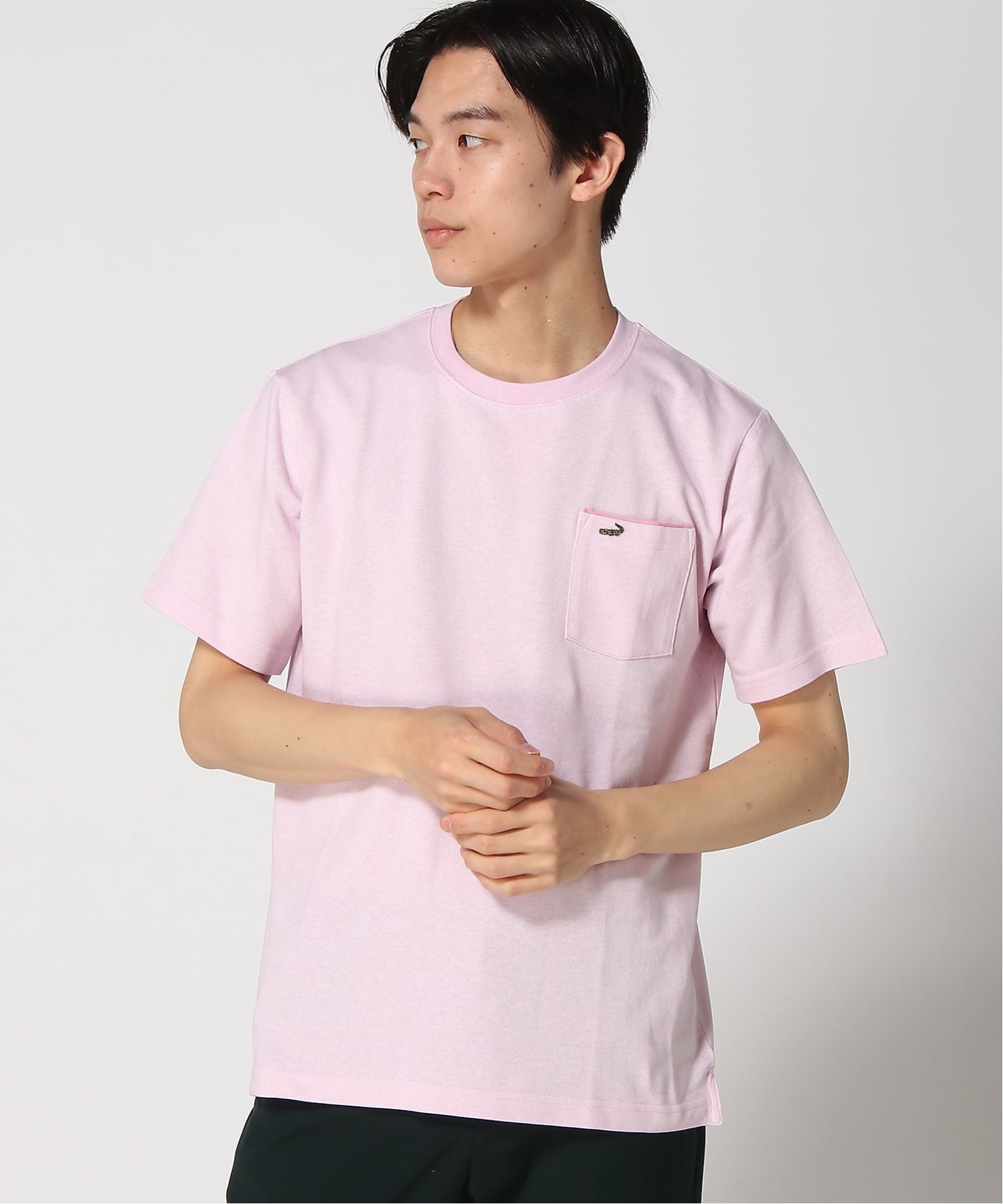 (M)リネンライク ポケットパイピング Tシャツ クロコダイル トップス カットソー・Tシャツ ネイビー ピンク グリーン