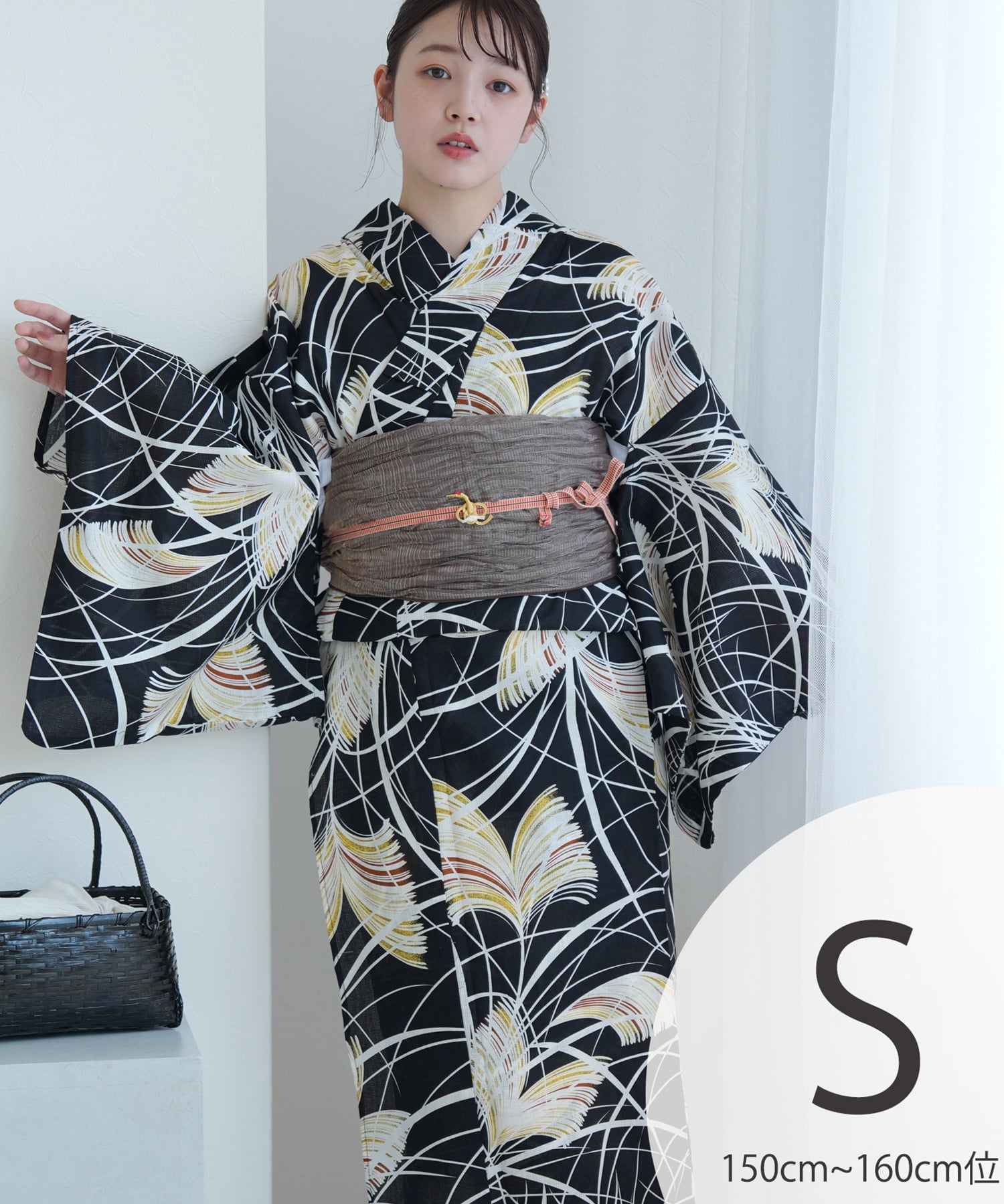 【SALE／25%OFF】utatane utatane 浴衣 3点セット 黒地に琥珀色のすすき Sサイズ ウタタネ 着物・浴衣・和装小物 浴衣【送料無料】