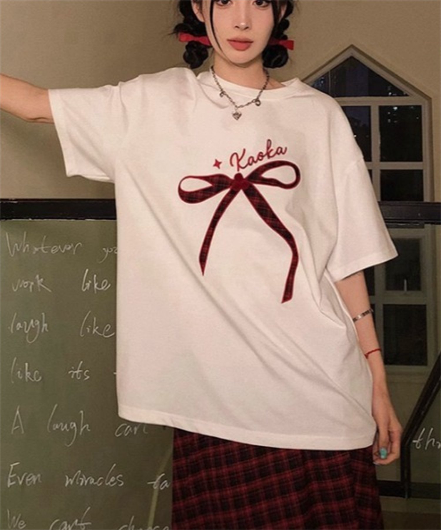 韓国風 リボンデザイン半袖ビッグTシャツ ディアベル トップス カットソー・Tシャツ ホワイト ブラック