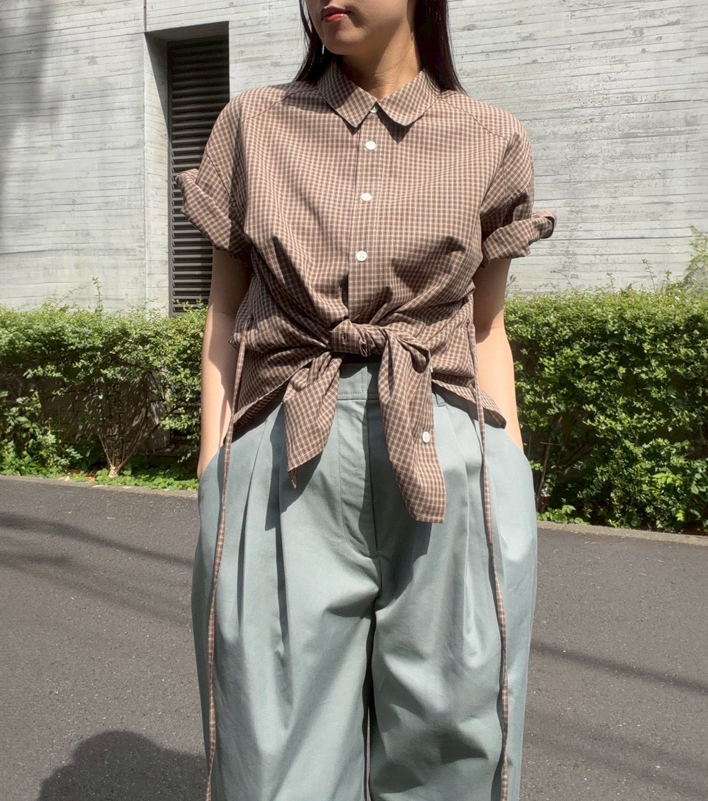 LE CIEL BLEU チェックロールアップスリーブシャツ / Checked Roll-Up Sleeve Shirt ルシェルブルー トップス シャツ・ブラウス ベージュ ネイビー