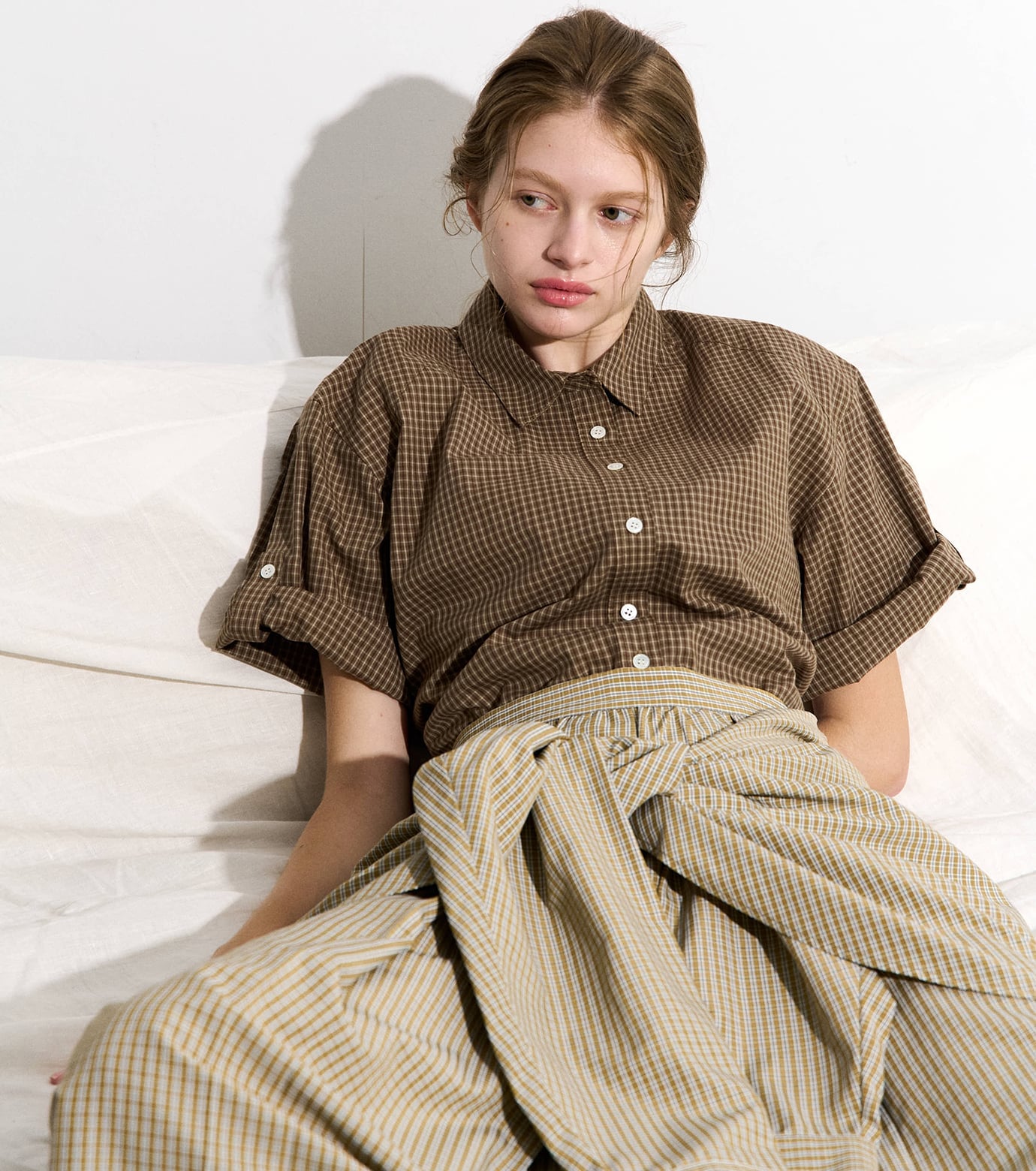 LE CIEL BLEU チェックロールアップスリーブシャツ / Checked Roll-Up Sleeve Shirt ルシェルブルー トップス シャツ・ブラウス ベージュ ネイビー