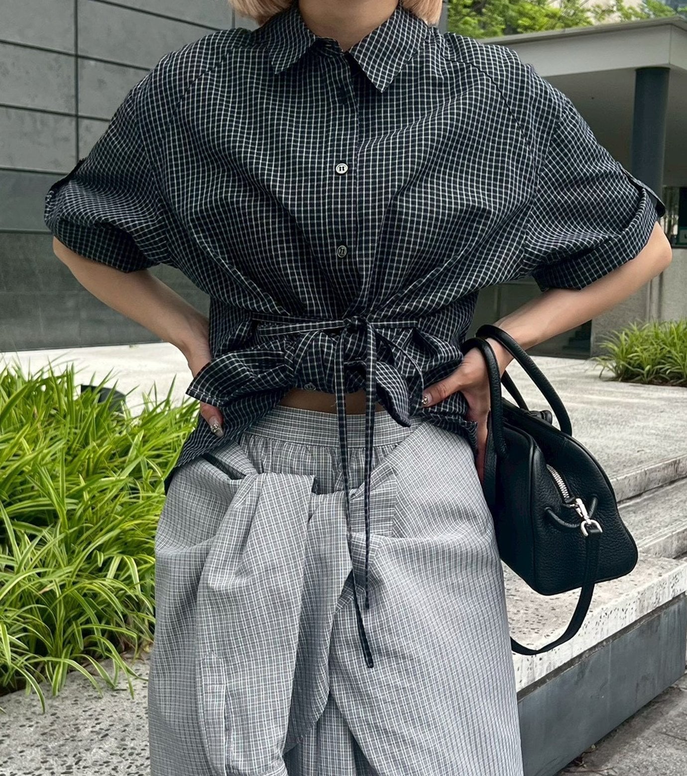 LE CIEL BLEU チェックロールアップスリーブシャツ / Checked Roll-Up Sleeve Shirt ルシェルブルー トップス シャツ・ブラウス ベージュ ネイビー