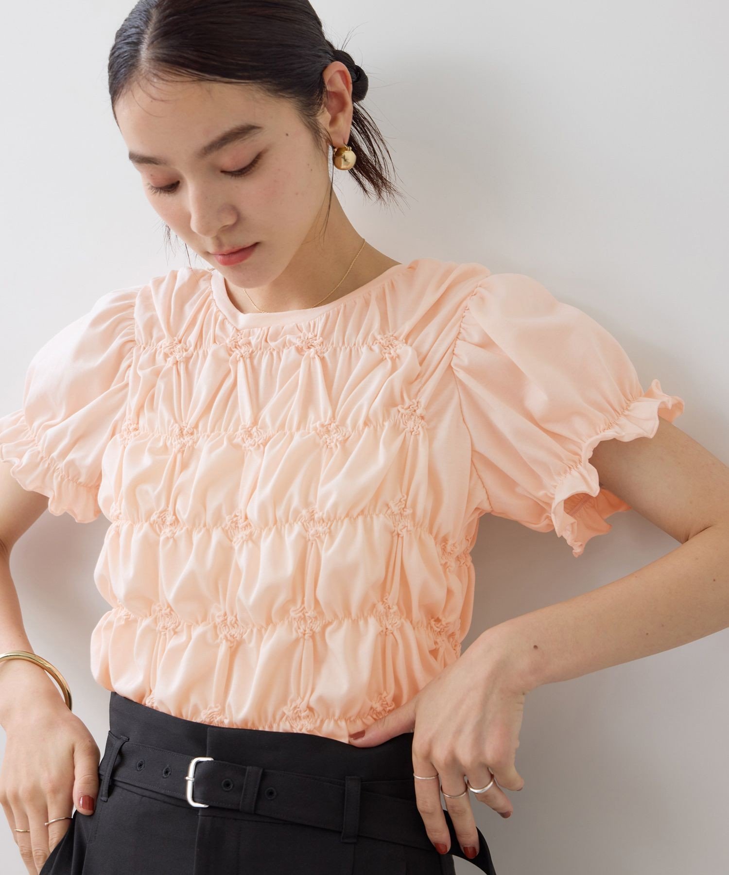 VIS ドット&無地アソート シャーリングデザインカットソー ビス トップス カットソー・Tシャツ ピンク ベージュ ブラック