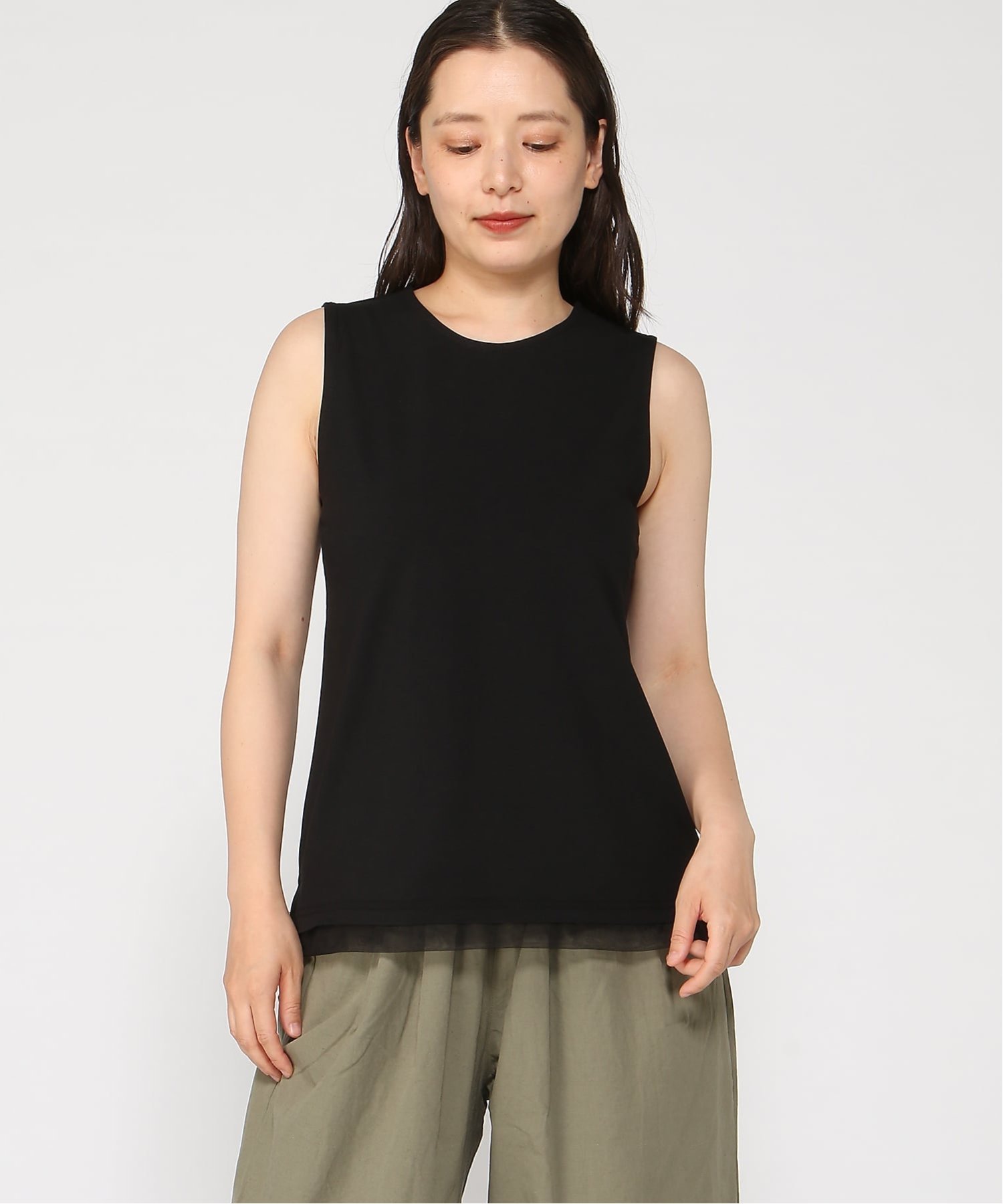 cloudnine/【2026年 新作】接触冷感タンクトップ 裾チュールレイヤード ノースリーブインナー クラウドナイン トップス ノースリーブ・タンクトップ ホワイト ブラック ブルー