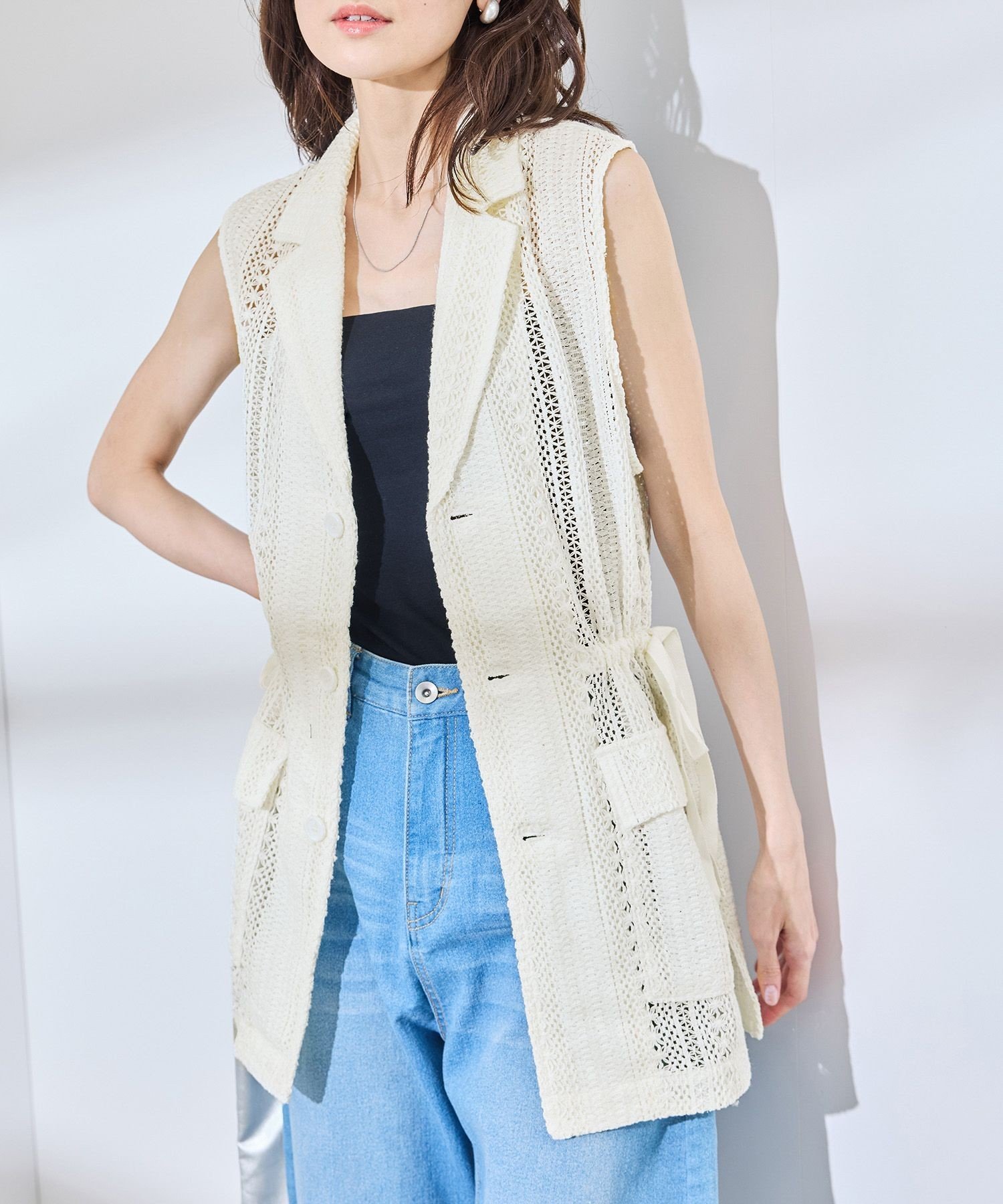 【SALE／50%OFF】ROPE' PICNIC レースミリタリージレ ロペピクニック トップス ベスト・ジレ ブラック ..