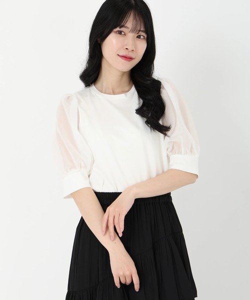 STRAWBERRY-FIELDS シアーパフスリーブTシャツ ストロベリーフィールズ トップス カットソー・Tシャツ ホワイト ブラック ピンク【送料無料】