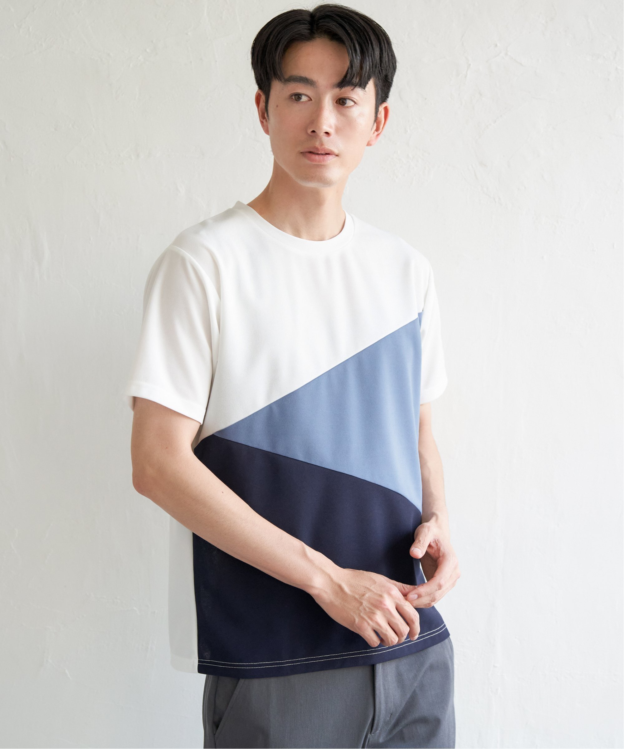 ikka 【接触冷感/吸水速乾】マルチファンクション斜め切り替えTシャツ【親子コーデ】 イッカ トップス カットソー・Tシャツ ベージュ ホワイト ブルー ブラック