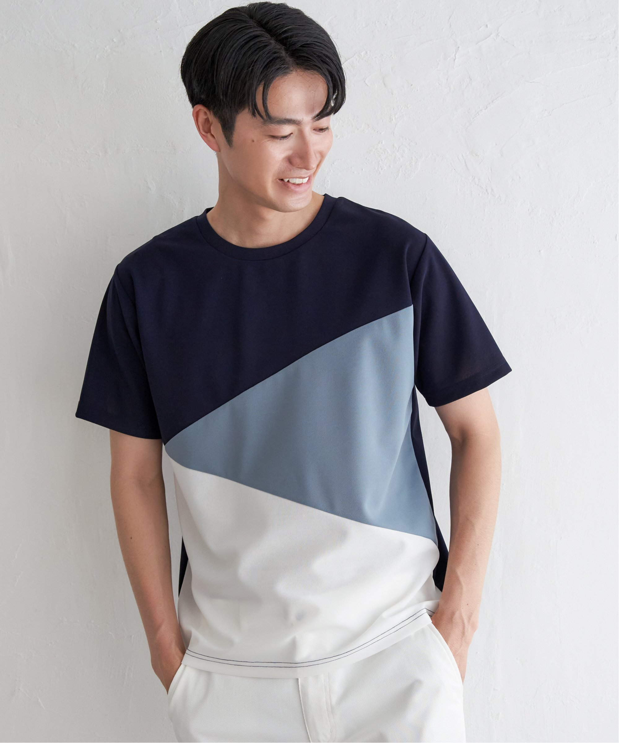 ikka 【接触冷感/吸水速乾】マルチファンクション斜め切り替えTシャツ【親子コーデ】 イッカ トップス カットソー・Tシャツ ベージュ ホワイト ブルー ブラック