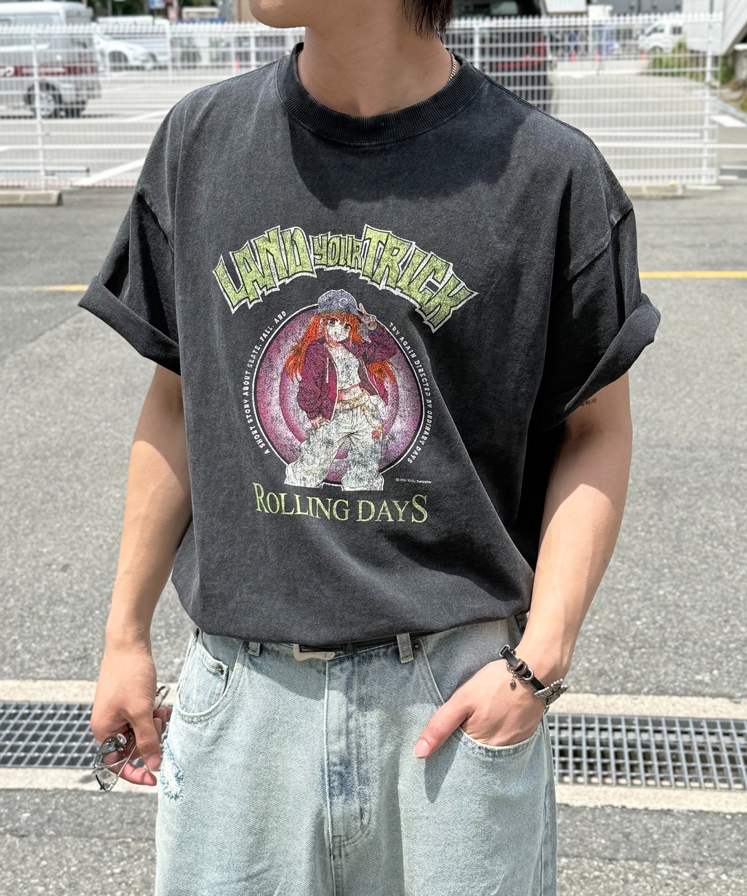 パウダー加工ヴィンテージライクT シーピーシーエム トップス カットソー・Tシャツ グレー ブラック