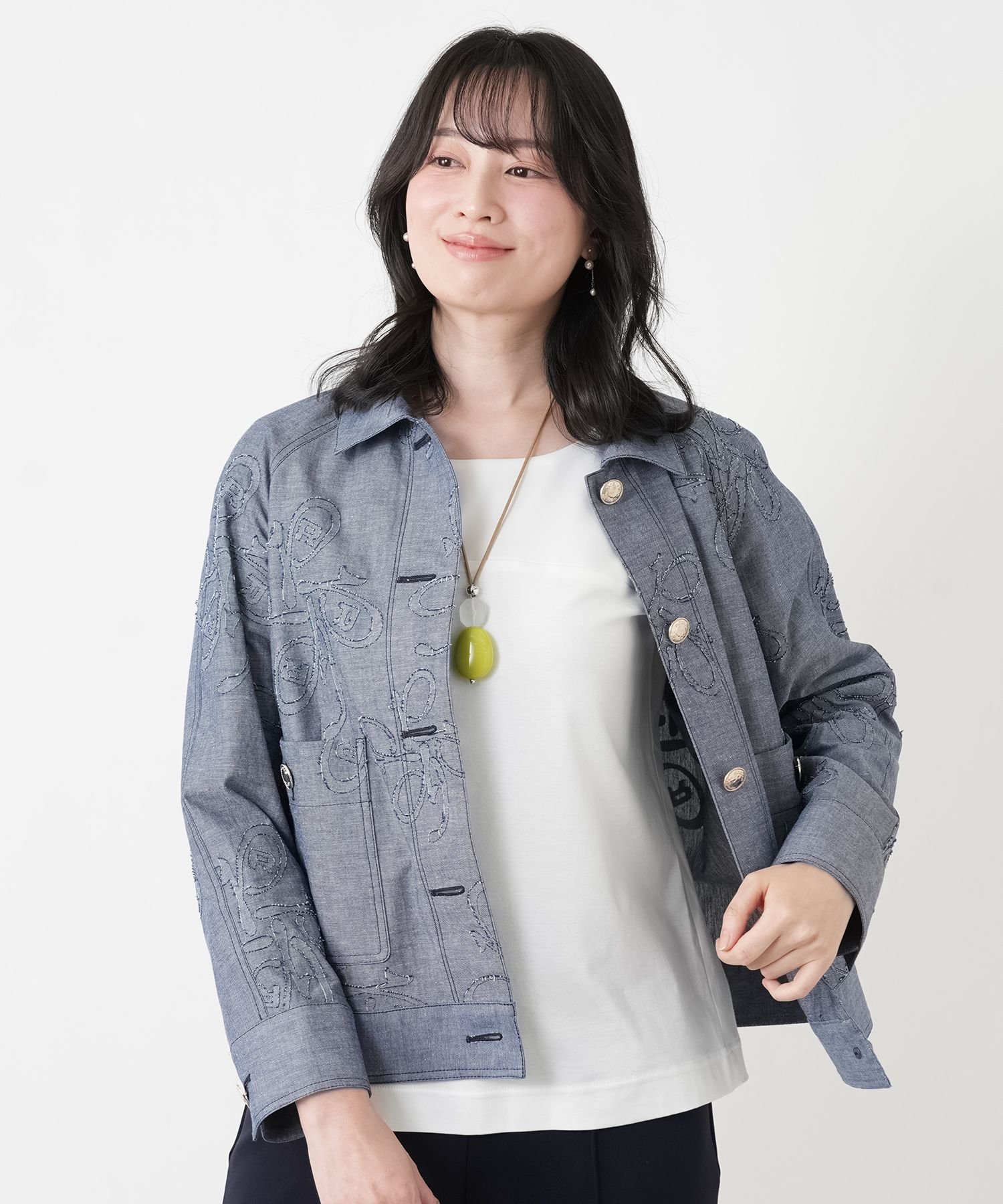 Leilian ボタニカル刺繍ジャケット【ROCHAS Premiere】 レリアン ジャケット・アウター テーラードジャケット・ブレザー ネイビー
