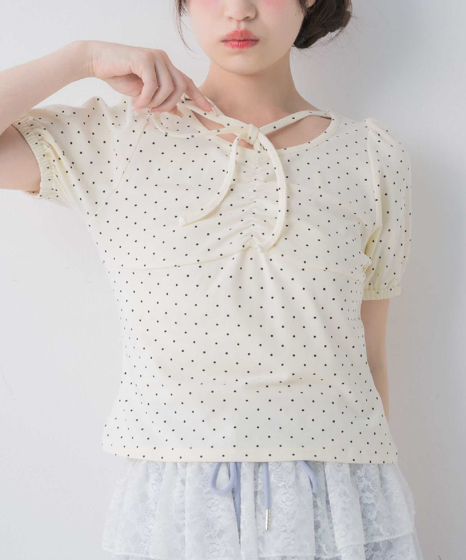 ems excite ホルターパフ袖CT レトロガール トップス カットソー・Tシャツ ブラック グレー ブルー ホワイト