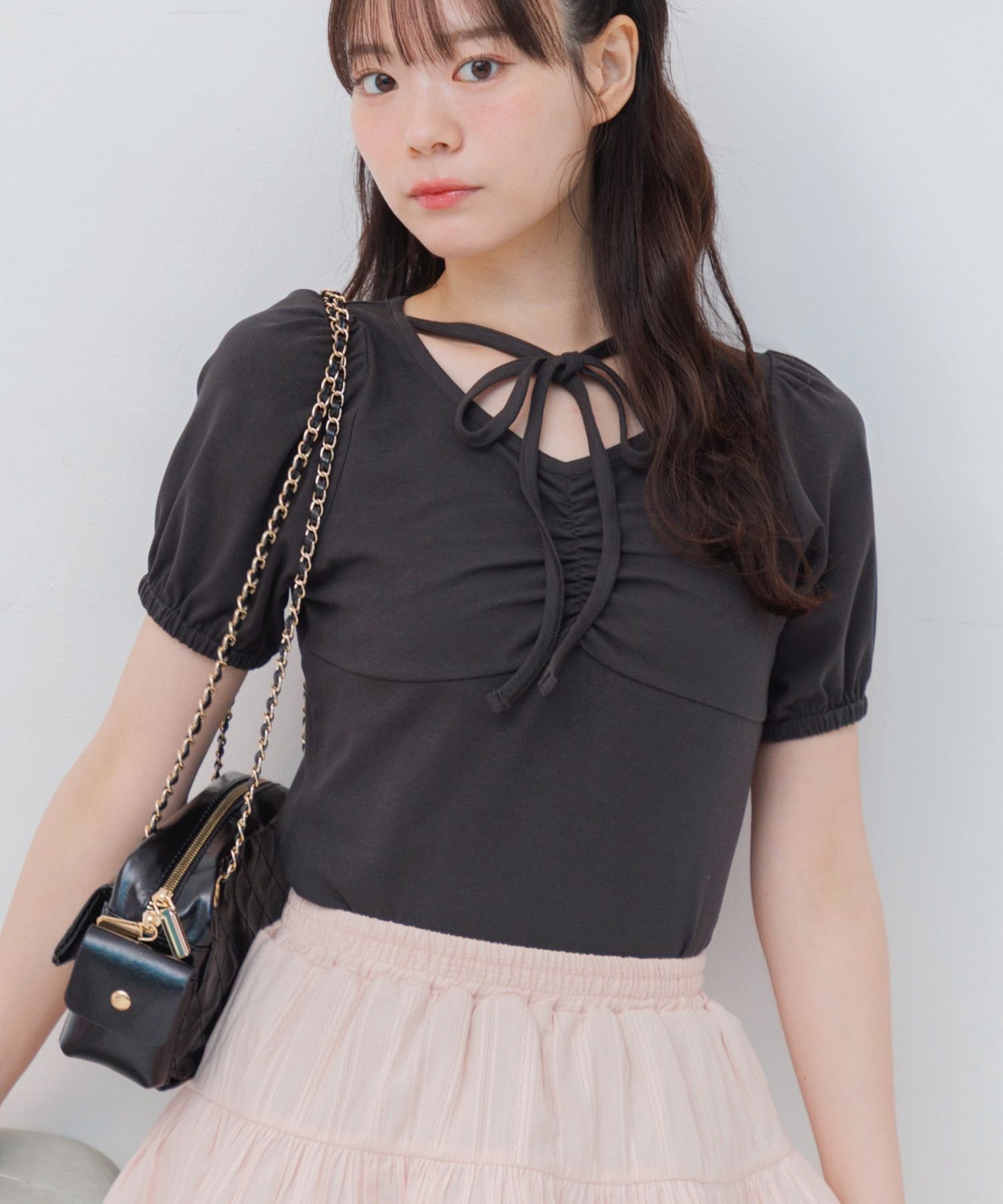 ems excite ホルターパフ袖CT レトロガール トップス カットソー・Tシャツ ブラック グレー ブルー ホワイト