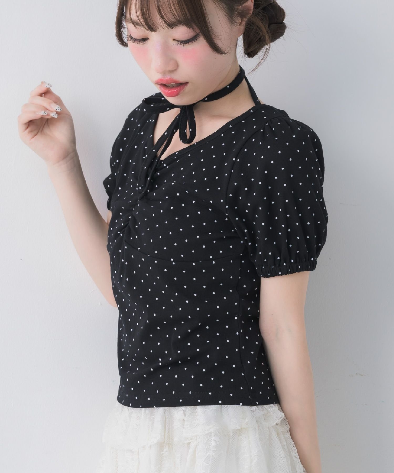 ems excite ホルターパフ袖CT レトロガール トップス カットソー・Tシャツ ブラック グレー ブルー ホワイト