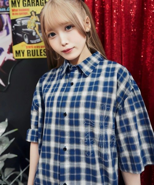 【GALFY×GALLIS ADDICTION】安心の十字架キラキラチェックSSシャツ(MENS) ジャックローズ トップス シャツ・ブラウス ネイビー ブラック