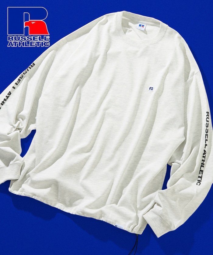 限定展開 RUSSELL ATHLETIC×FREAK'S STORE 別注 ビックシルエット スリーブロゴ ヘムコード ロングスリーブTシャツ フリークスストア トップス カットソー・Tシャツ ホワイト グレー ブラック ネイビー