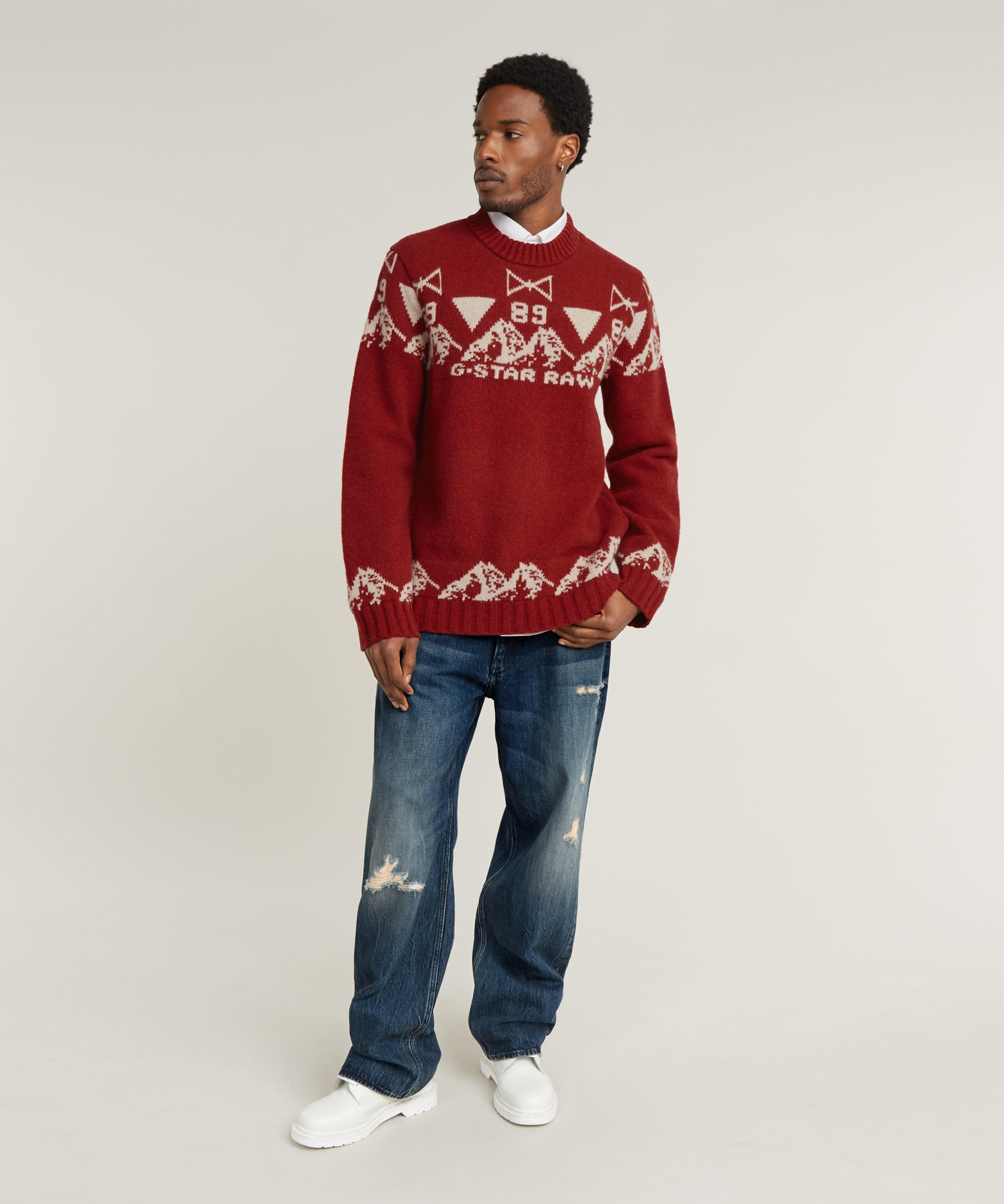 【公式ショップ】UNISEX HOLIDAY KNITTED SWEATER/ロゴグラフィックニットセーター ジースターロゥ トップス ニット レッド