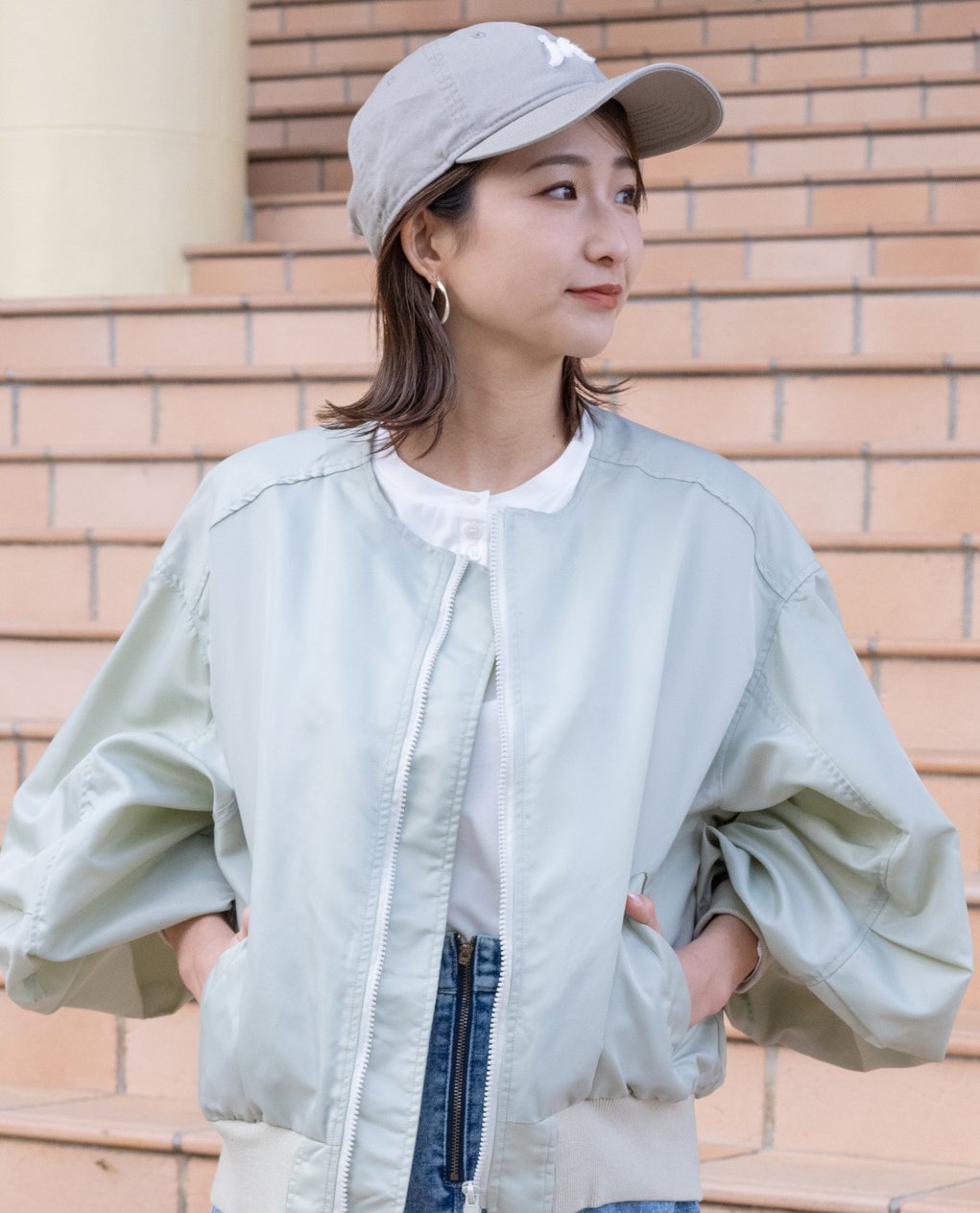 【SALE／50 OFF】YEVS ライナー付きノーカラーブルゾン イーブス ジャケット アウター ブルゾン ジャンパー グレー カーキグリーン【送料無料】