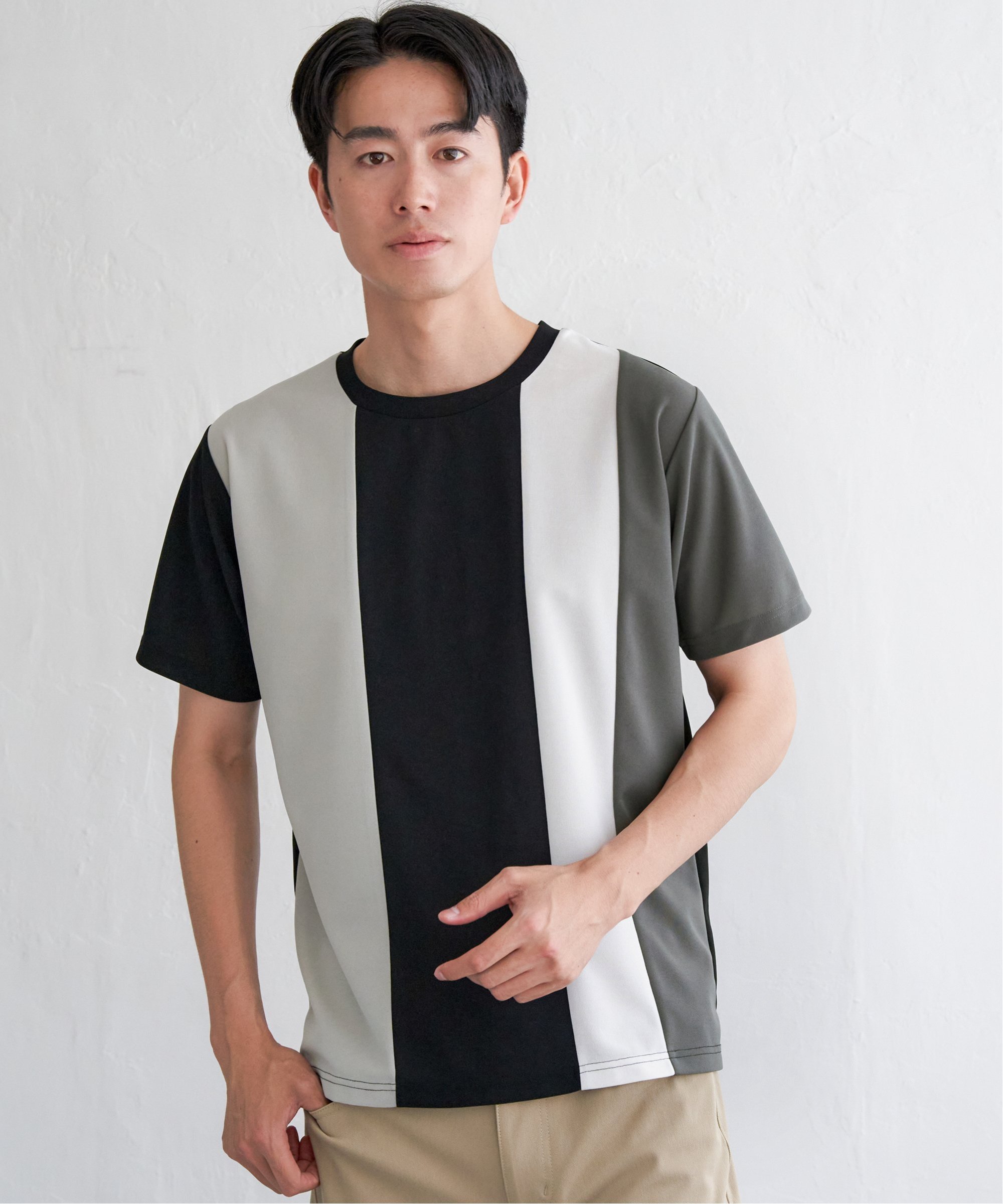ikka 【接触冷感/吸水速乾】マルチファンクション縦切り替えTシャツ イッカ トップス カットソー・Tシャツ ベージュ ブラック ブルー ホワイト