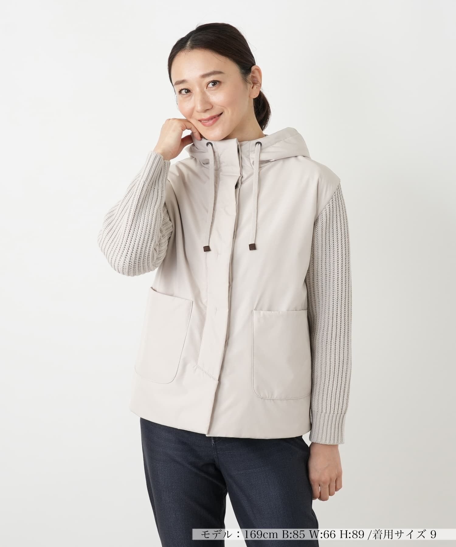 Leilian 異素材切替フーデッドジャケット【LE TRICOT PERUGIA】 レリアン ジャケット・アウター ブルゾン・ジャンパー ベージュ ネイビー