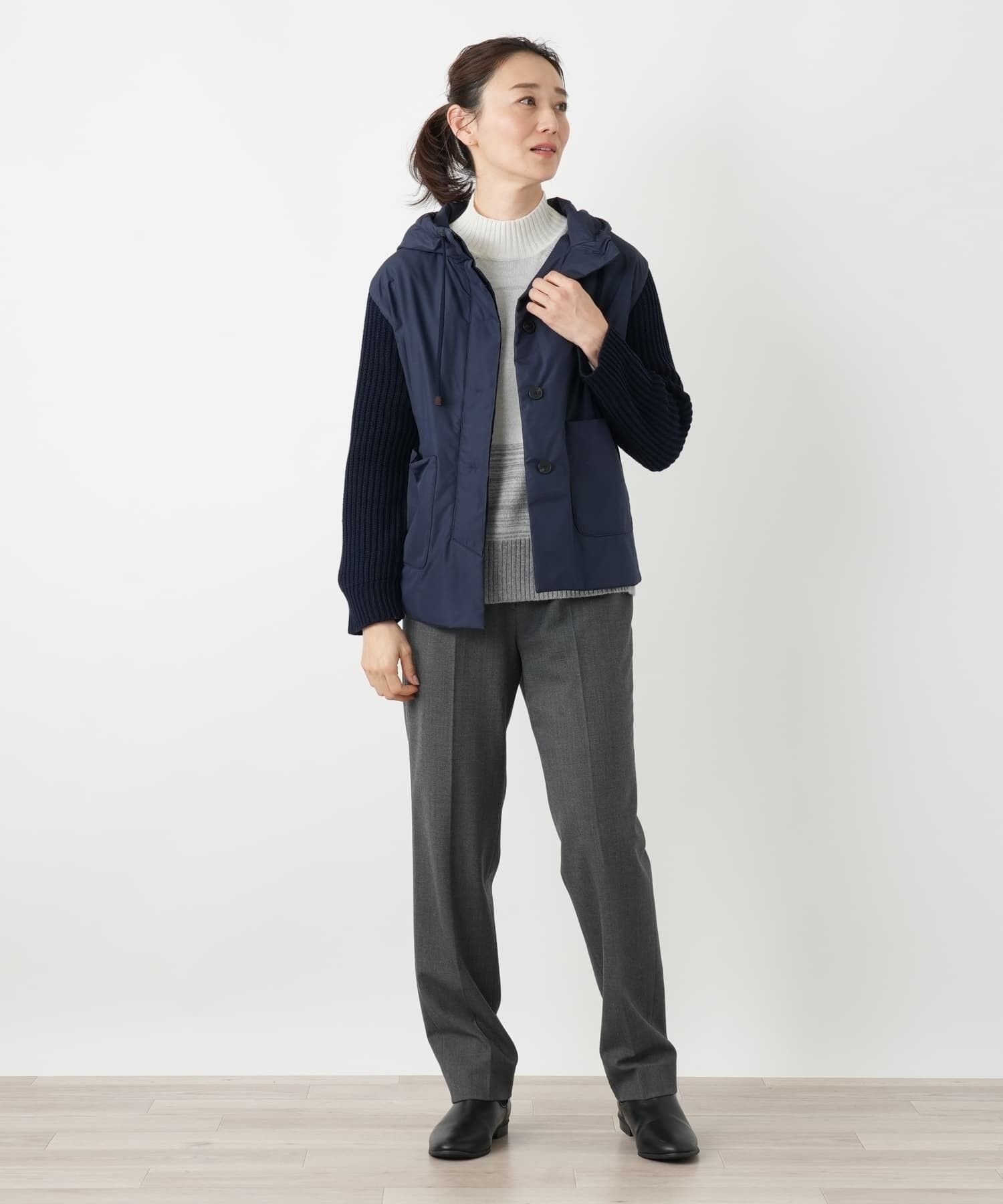 Leilian 異素材切替フーデッドジャケット【LE TRICOT PERUGIA】 レリアン ジャケット・アウター ブルゾン・ジャンパー ベージュ ネイビー