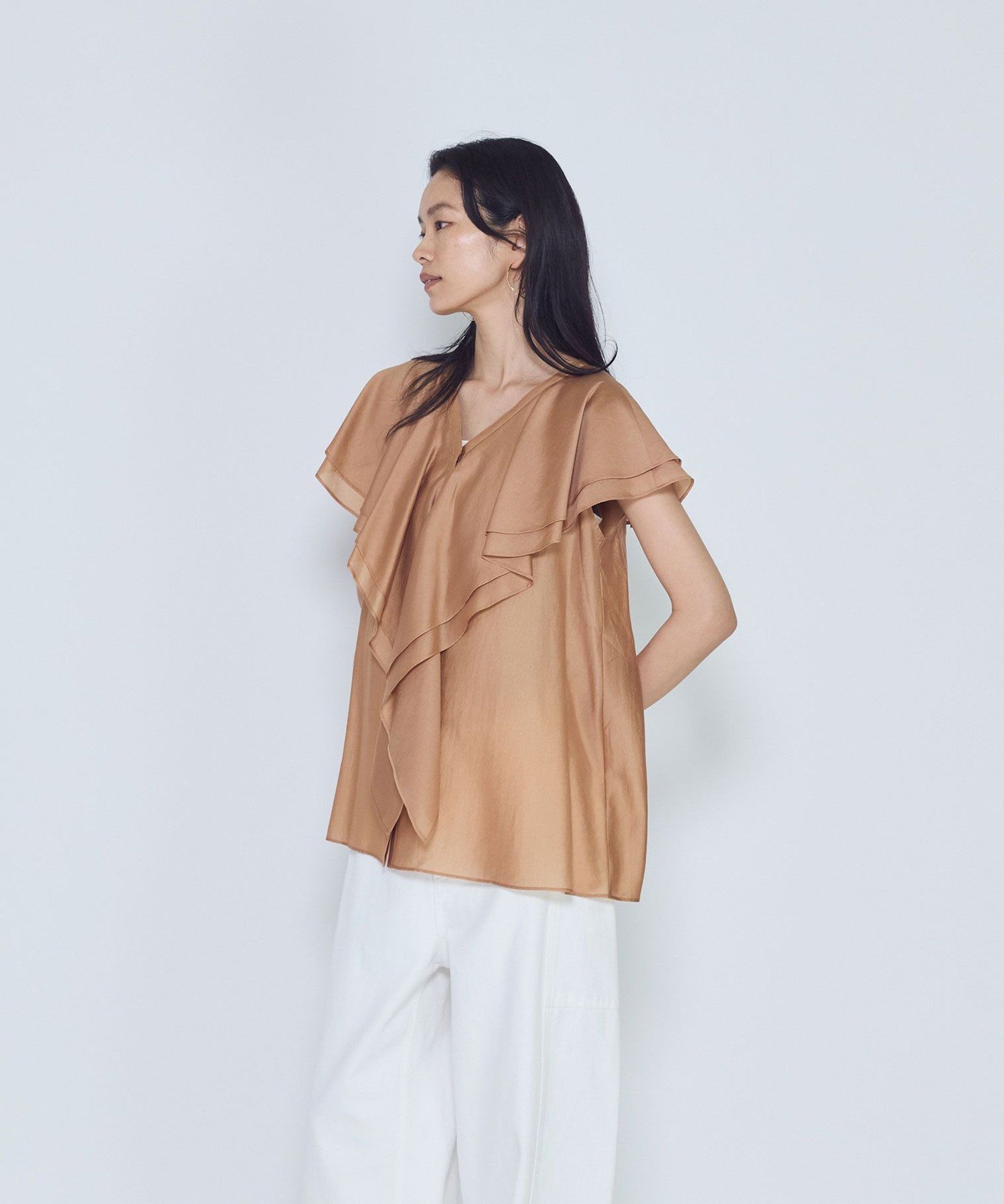 1er Arrondissement シアーダブルラッフル ノースリーブブラウス プルミエアロンディスモン トップス シャツ・ブラウス ブラック オレンジ
