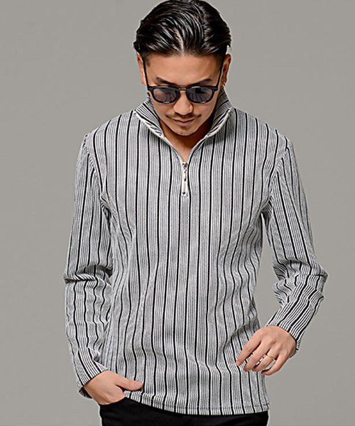 CavariA CavariA オルタネートストライプ長袖Pポロシャツ ハーフジップ シルバーバレット トップス ポロシャツ【送料無料】