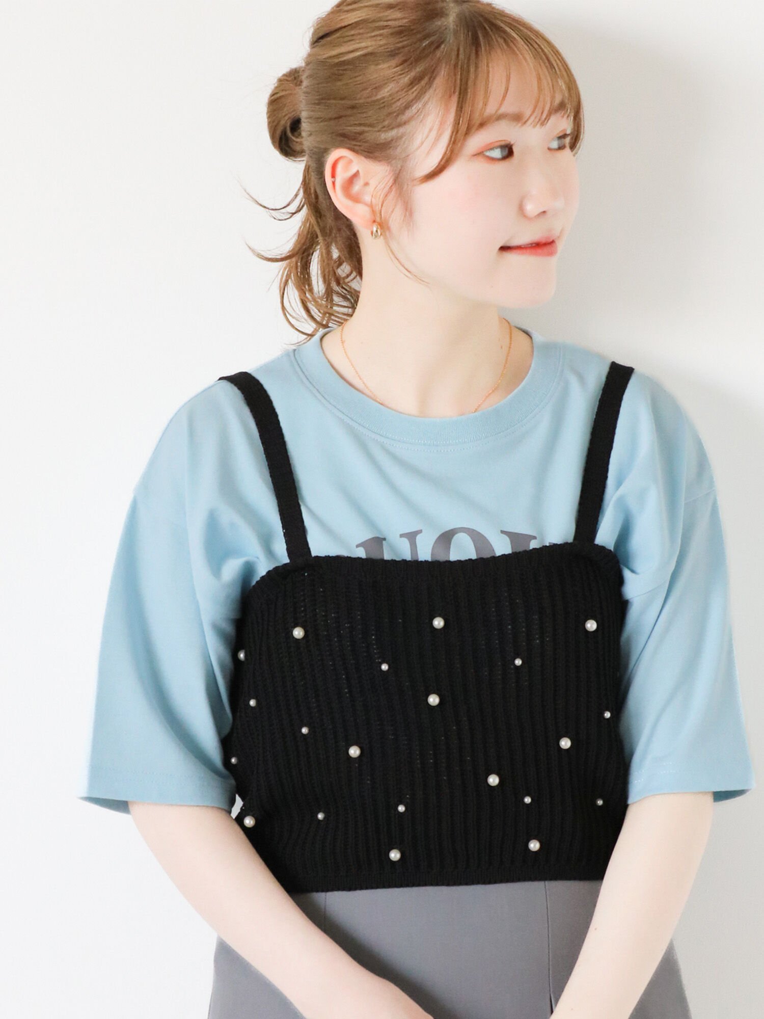 【SALE／50%OFF】ehka sopo ◎パールビスチェ エヘカソポ トップス ニット ブラック ベージュのサムネイル