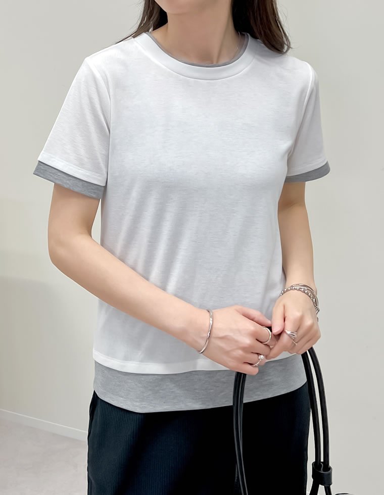 Re:EDIT レイヤード風シアースムース半袖トップス リエディ トップス カットソー・Tシャツ レッド ブルー グリーン ホワイト