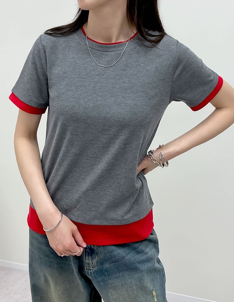 Re:EDIT レイヤード風シアースムース半袖トップス リエディ トップス カットソー・Tシャツ レッド ブルー グリーン ホワイト