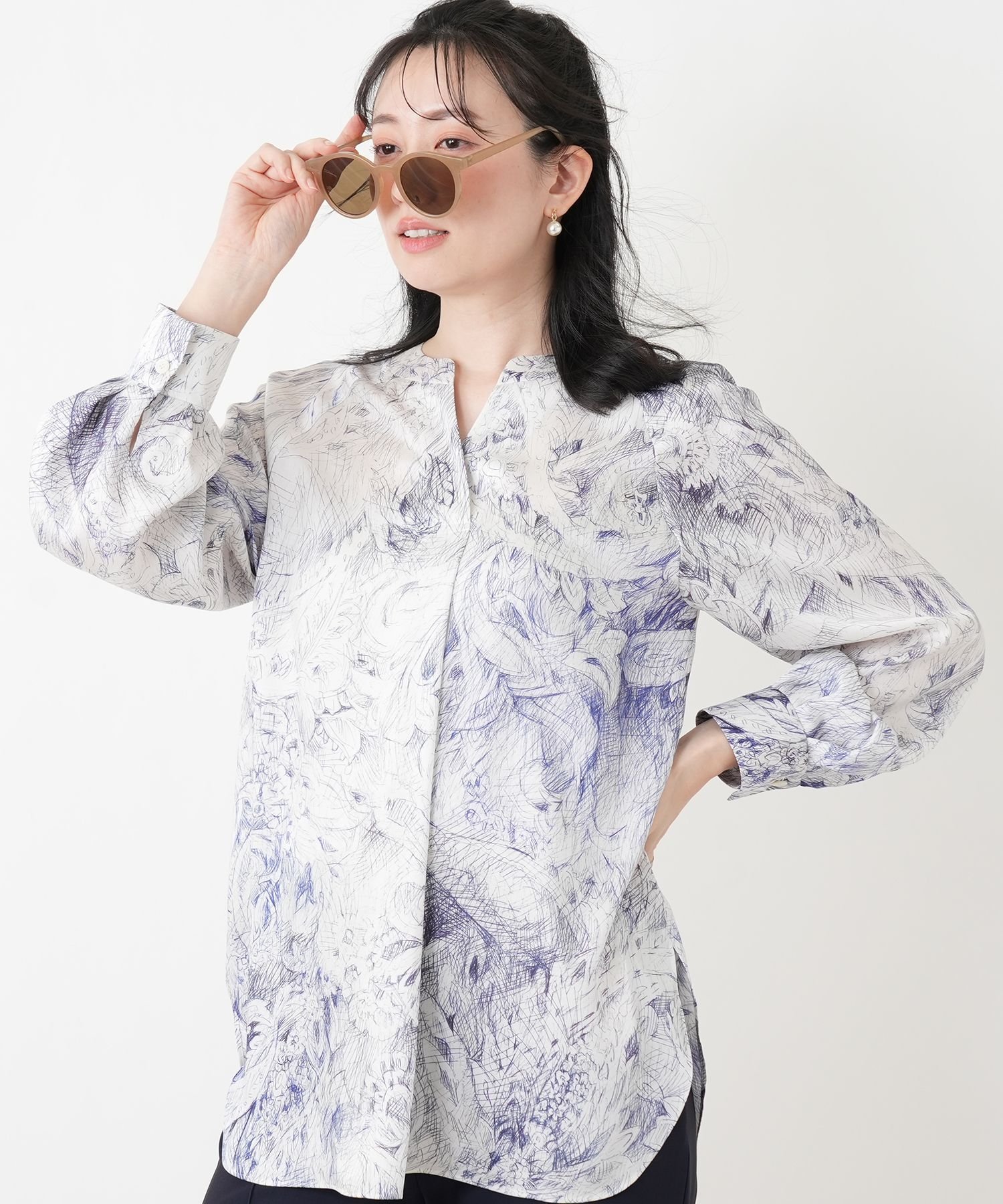 Leilian プリント比翼スキッパーブラウス【ROCHAS Premiere】【ERICA】 レリアン トップス シャツ・ブラウス