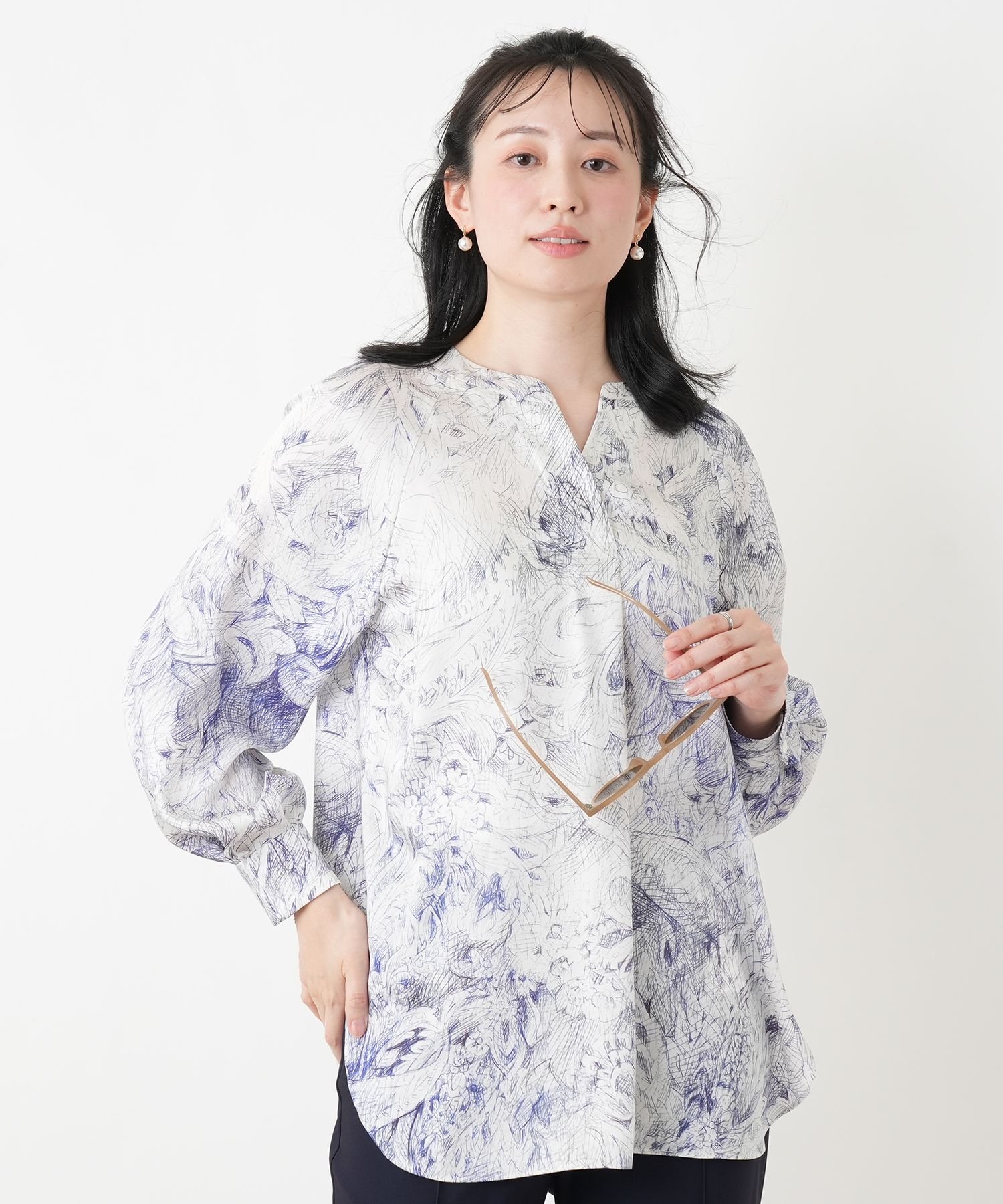 Leilian プリント比翼スキッパーブラウス【ROCHAS Premiere】【ERICA】 レリアン トップス シャツ・ブラウス