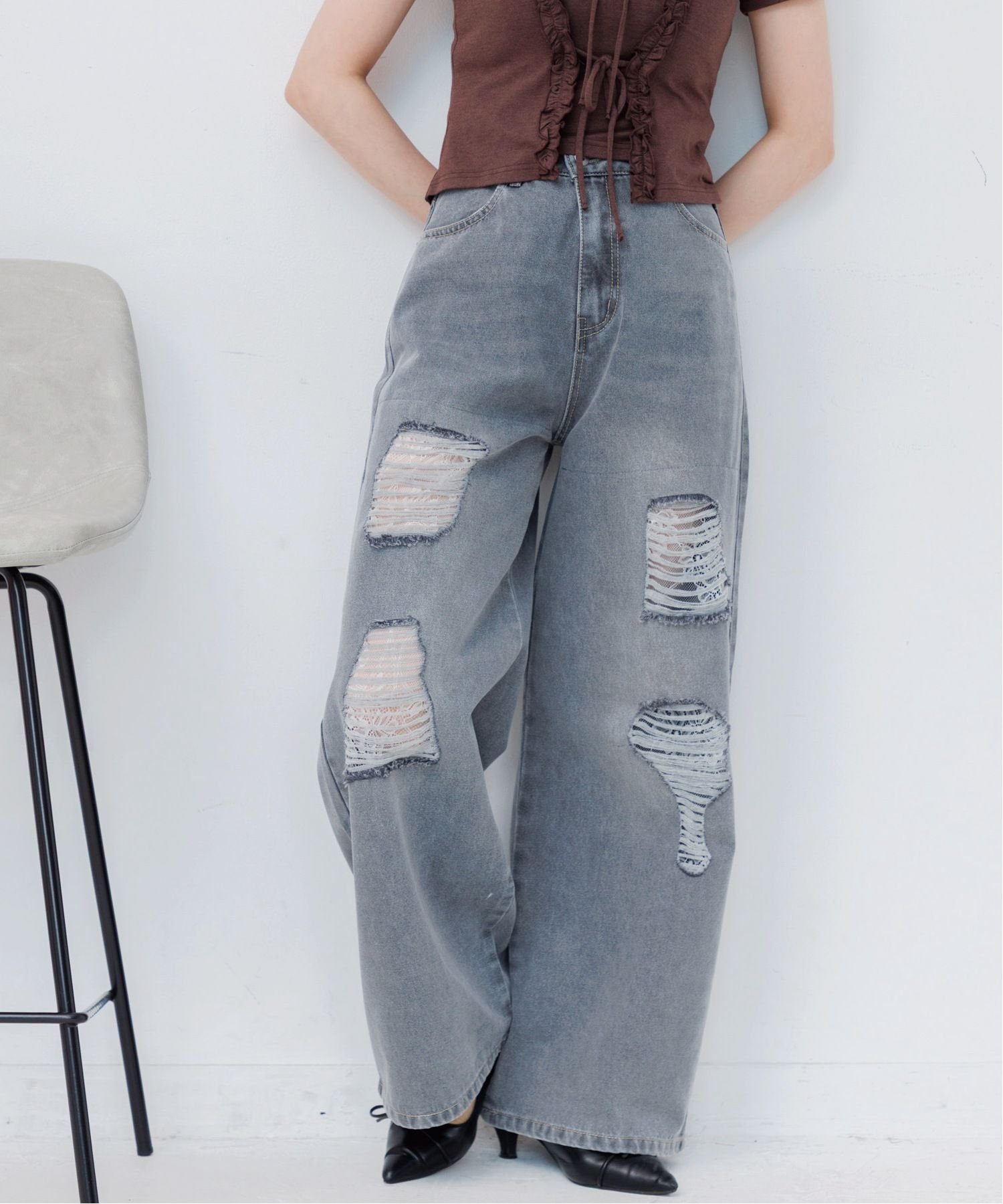 ems excite 【2サイズ展開】刺繍入ダメージデニムPT レトロガール パンツ ジーンズ・デニムパンツ【送料無料】