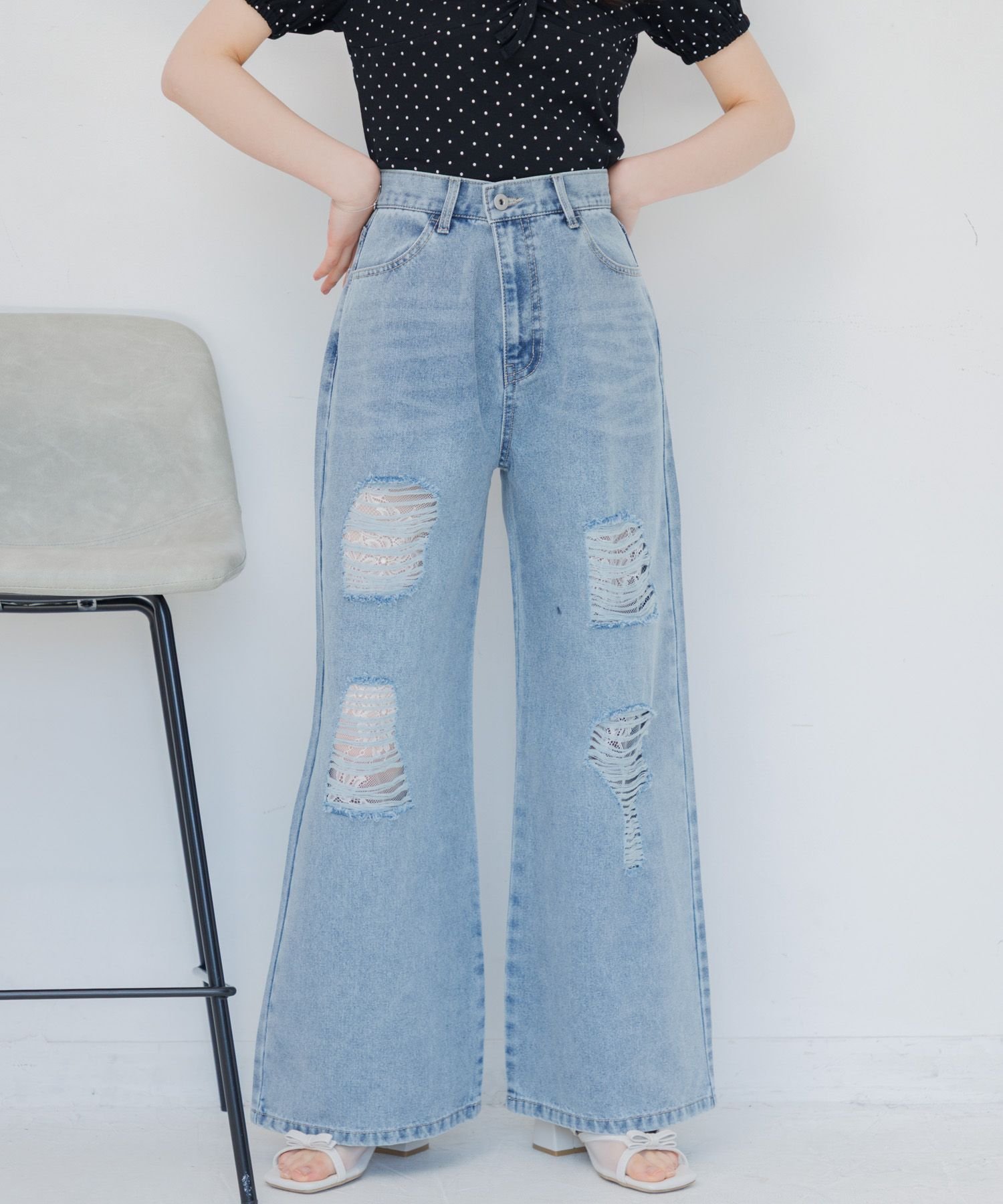 ems excite 【2サイズ展開】刺繍入ダメージデニムPT レトロガール パンツ ジーンズ・デニムパンツ【送料無料】