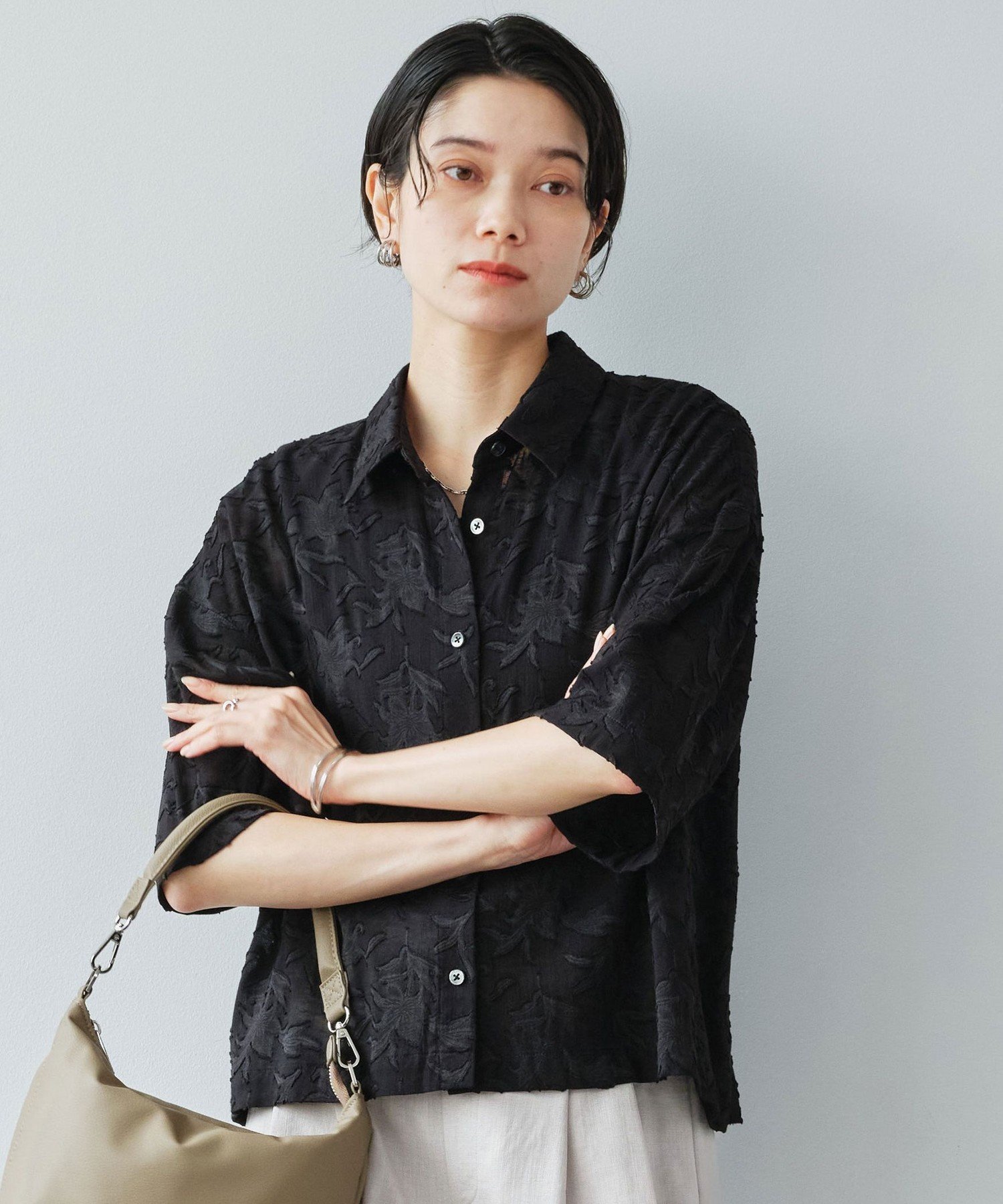カット ジャガード ショートスリーブ シャツ ユナイテッドアローズ グリーンレーベルリラクシング トップス シャツ・ブラウス ブラック ホワイト