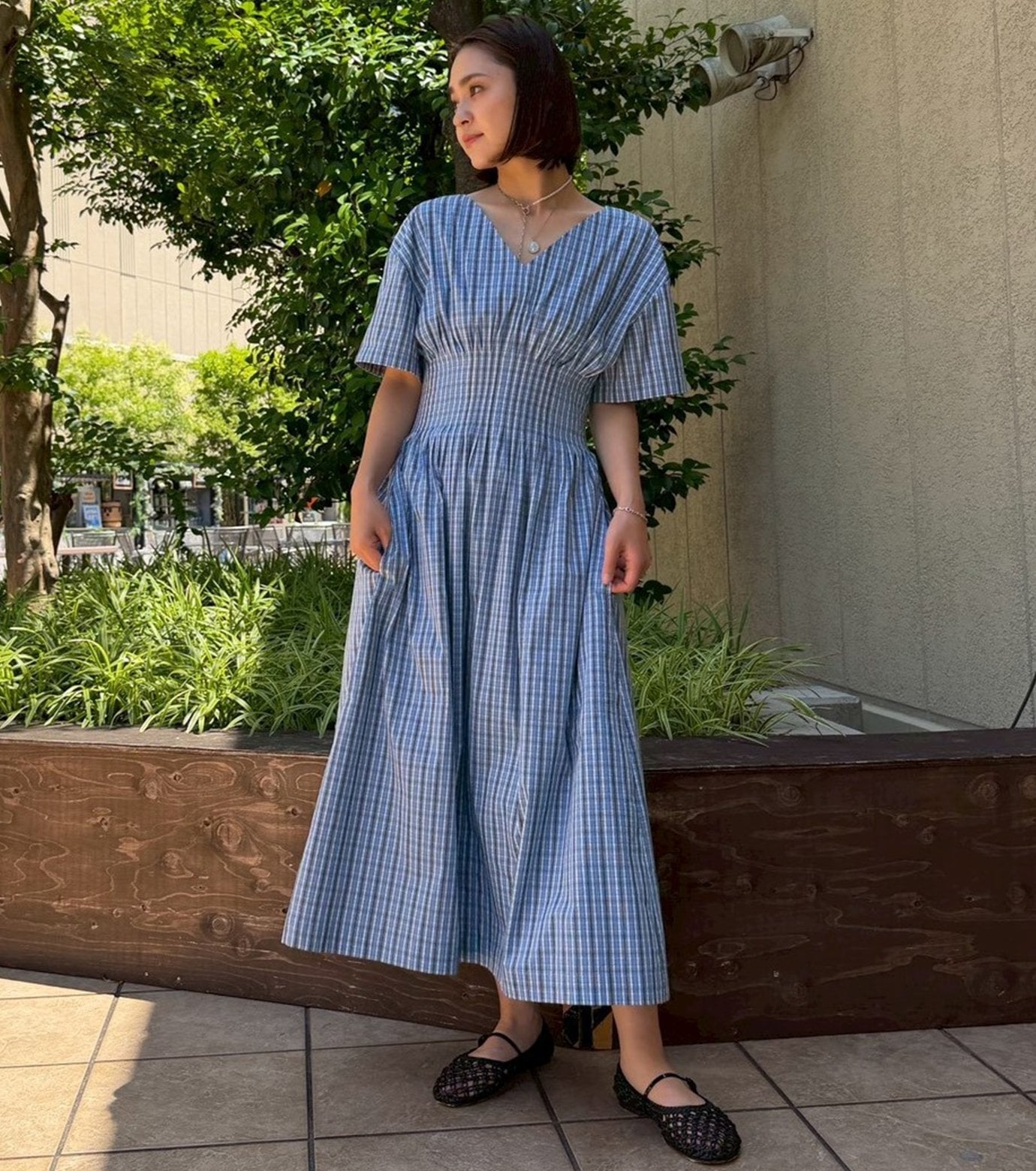 LE CIEL BLEU チェッカードラウンドフォームドレス / Checkered Round Form Dress ルシェルブルー ワンピース・ドレス ワンピース ネイビー