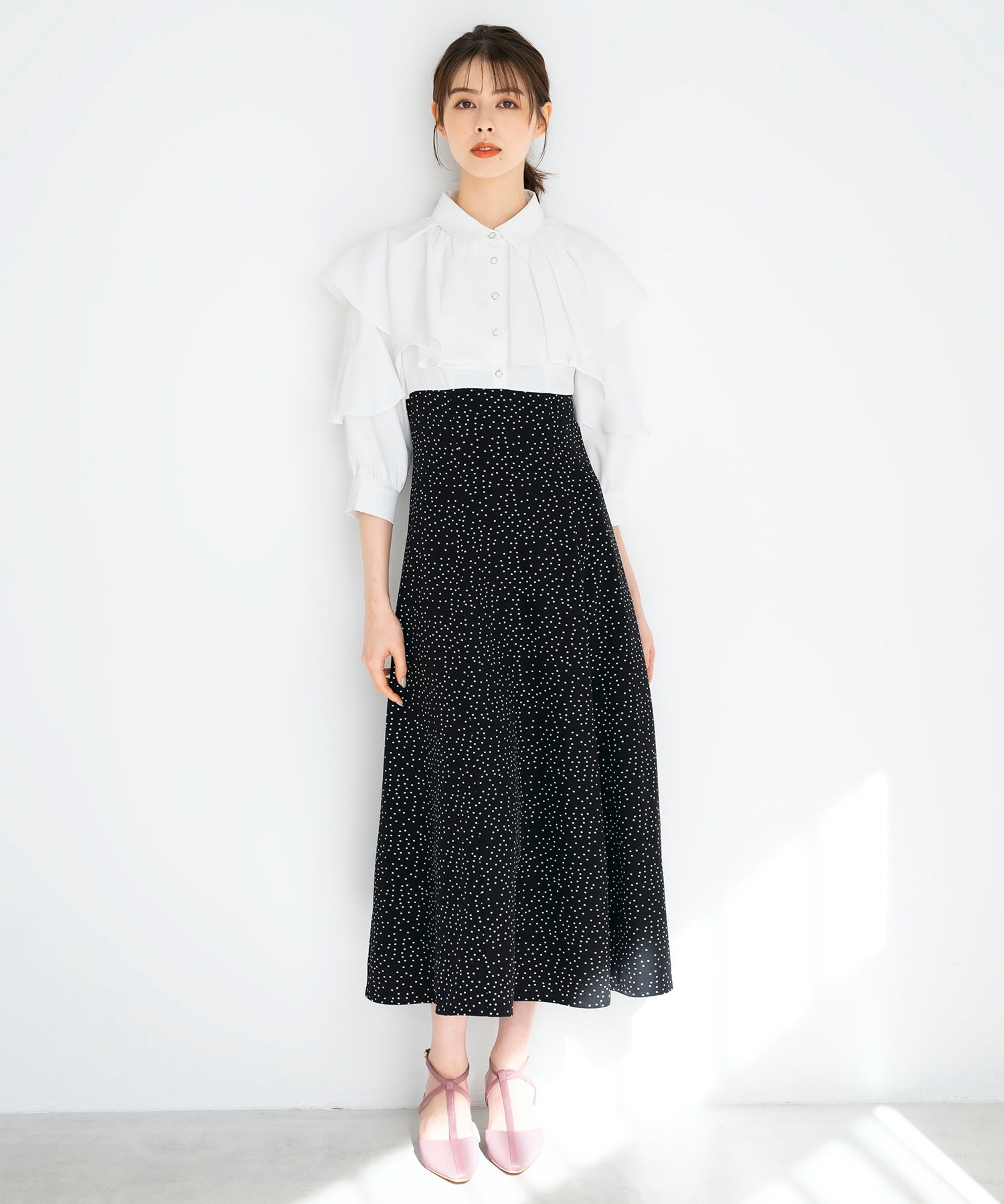 MISCH MASCH 【2024春夏新作】フリルブラウスドッキングワンピース/MM417417 ミッシュマッシュ ワンピース・ドレス ワンピース ブラック ホワイト