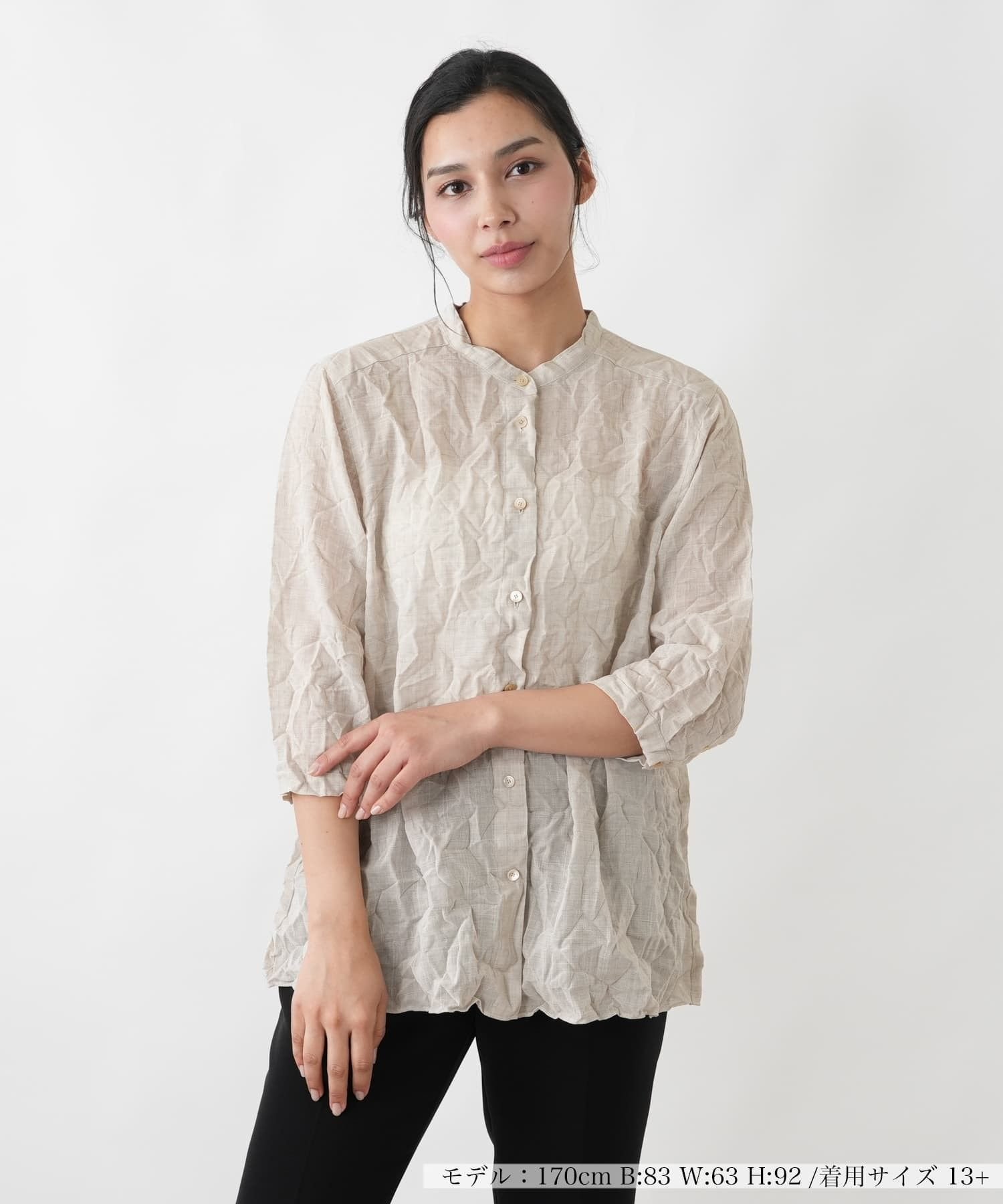 Leilian PLUS HOUSE 楊柳風バンドカラーシャツ【ROCHAS Premiere】 レリアン　プラスハウス トップス シャツ・ブラウス ベージュ ネイビー【送料無料】