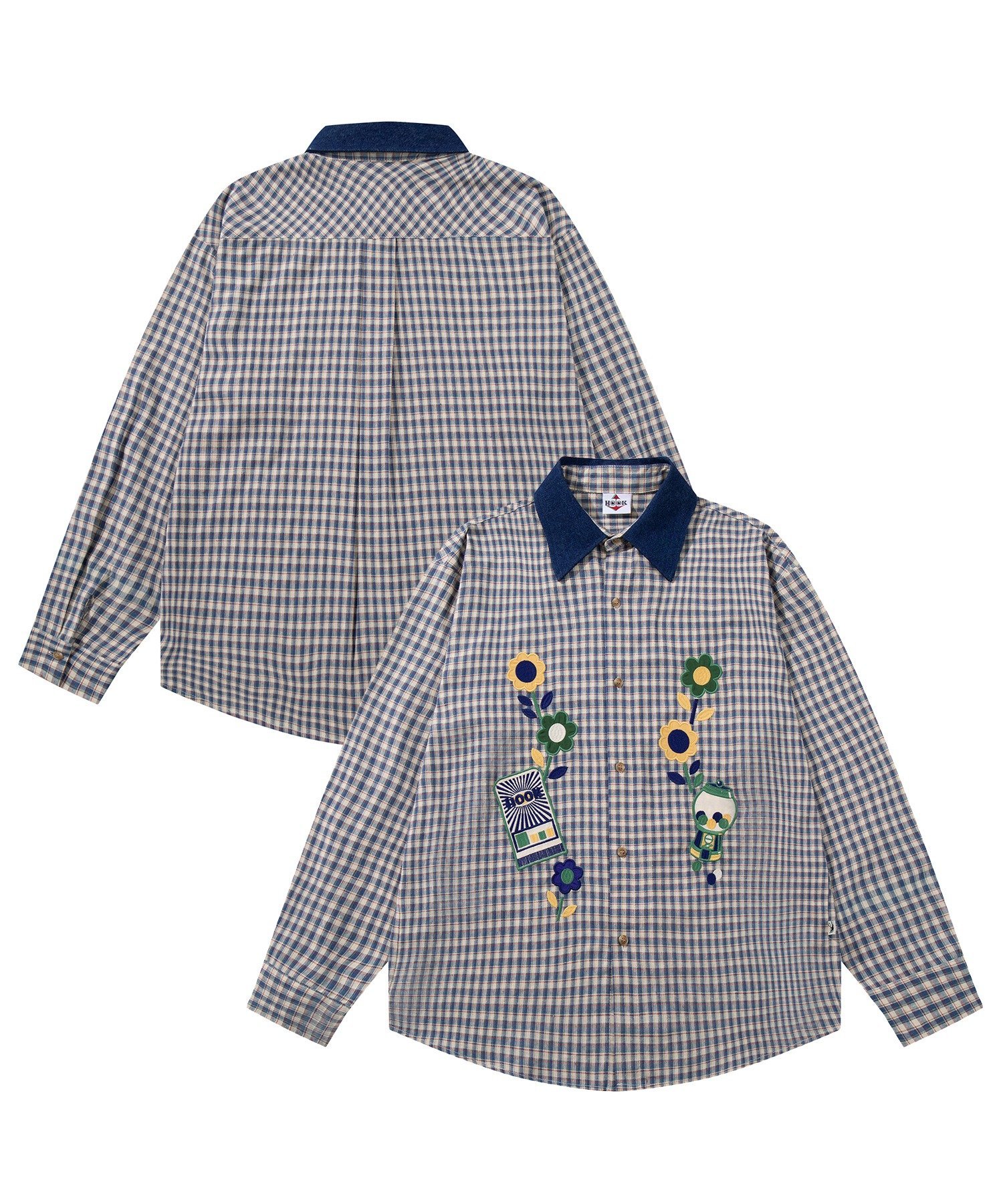 HOOK HOOK -original- レトロ調花パッチワーク刺繍チェック柄長袖シャツ アイモハ トップス シャツ・ブラウス グリーン ブルー【送料無料】