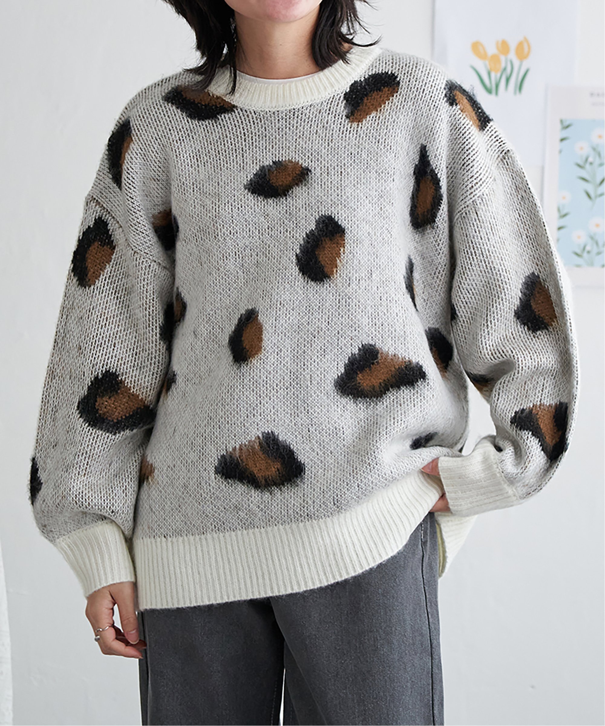 VENCE share style Ladys ヒョウ柄ニットプルオーバー ヴァンス エクスチェンジ トップス ニット ホワイト グリーン