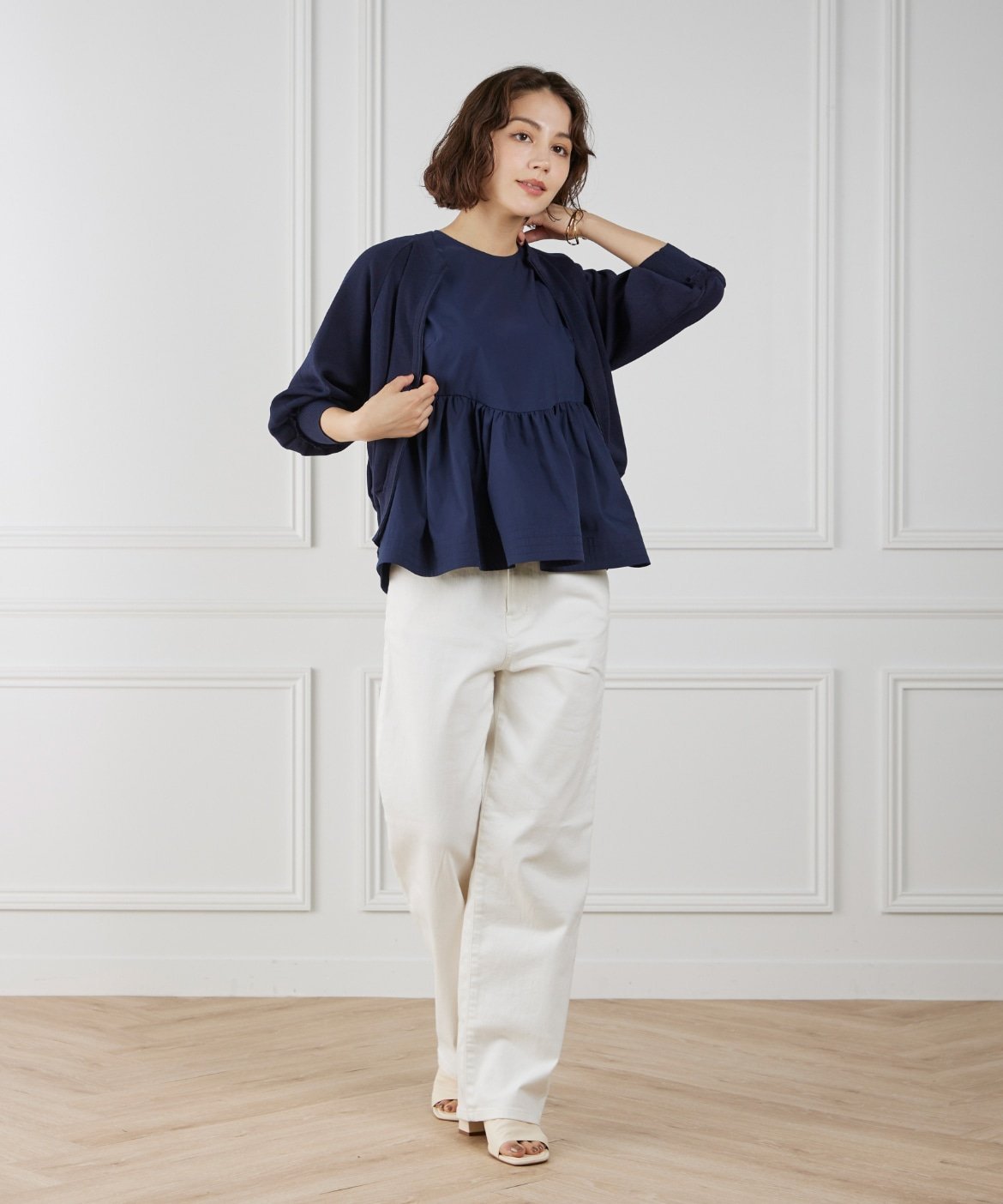 【SALE／50%OFF】Maglie par ef-de 《大きいサイズ》フリルスリーブジップカーディガン マーリエ ル カセット トップス カーディガン ネイビー ホワイト【送料無料】