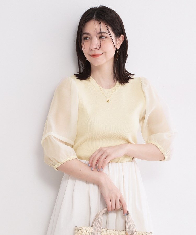 【SALE／50%OFF】OPAQUE.CLIP オーガンジーパフスリーブドッキングニット【洗濯機OK】 オペークドットクリップ トップス ニット ブルー ホワイト ブラック