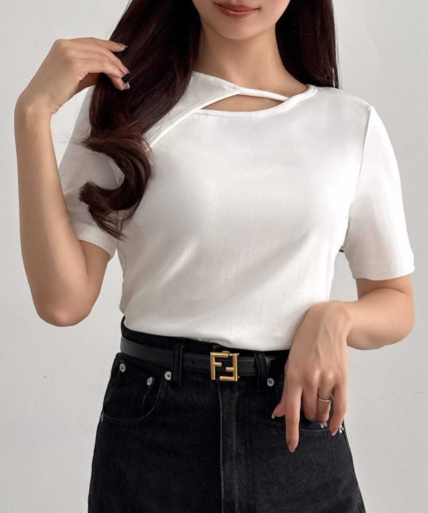 JUNOAH CENEA 薄手カットアウトデザイン半袖カットソー ジュノア トップス カットソー・Tシャツ グレー ブラック ホワイト