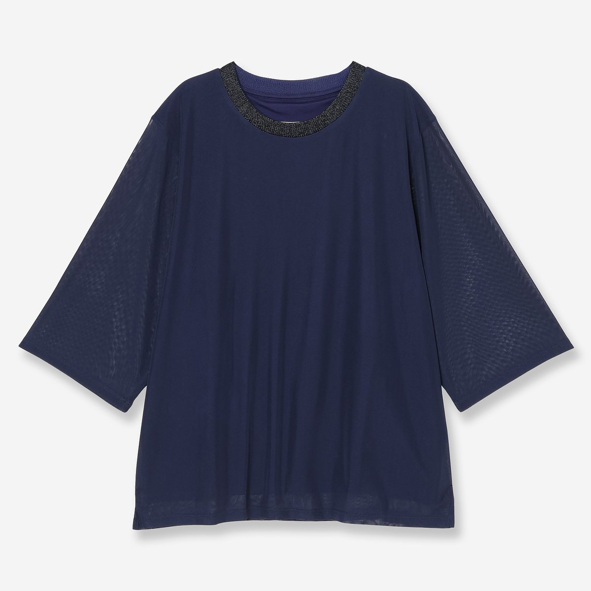 R-ISM 【洗える・ラメ襟・S/M/Lサイズ】チュールコンビカットソー リズム トップス カットソー・Tシャツ ホワイト ブラック ネイビー