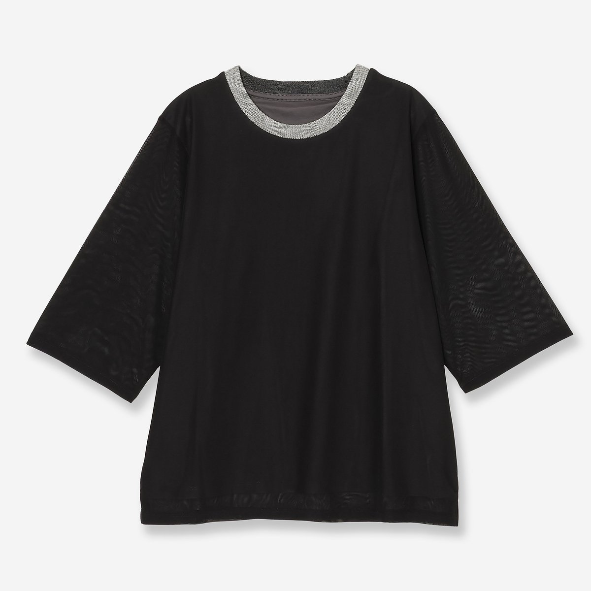 R-ISM 【洗える・ラメ襟・S/M/Lサイズ】チュールコンビカットソー リズム トップス カットソー・Tシャツ ホワイト ブラック ネイビー