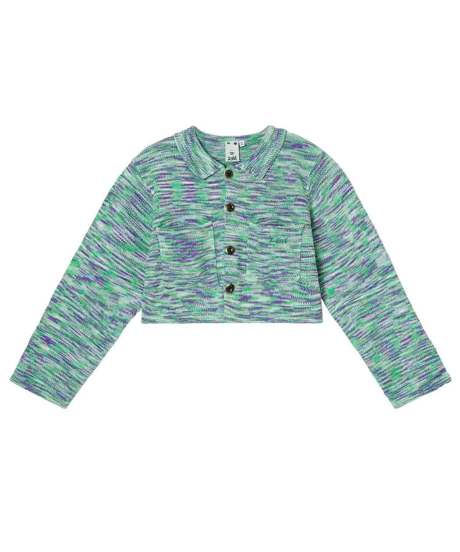 X-girl MELANGE KNIT CARDIGAN エックスガール トップス ニット グリーン イエロー ブラック