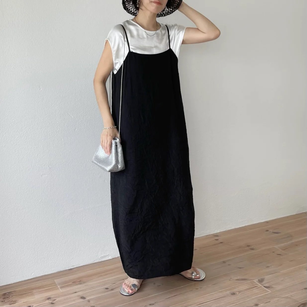 wee9s シワ加工ニュアンスキャミワンピース ノット アット ワンピース・ドレス ワンピース ベージュ ブラック【送料無料】