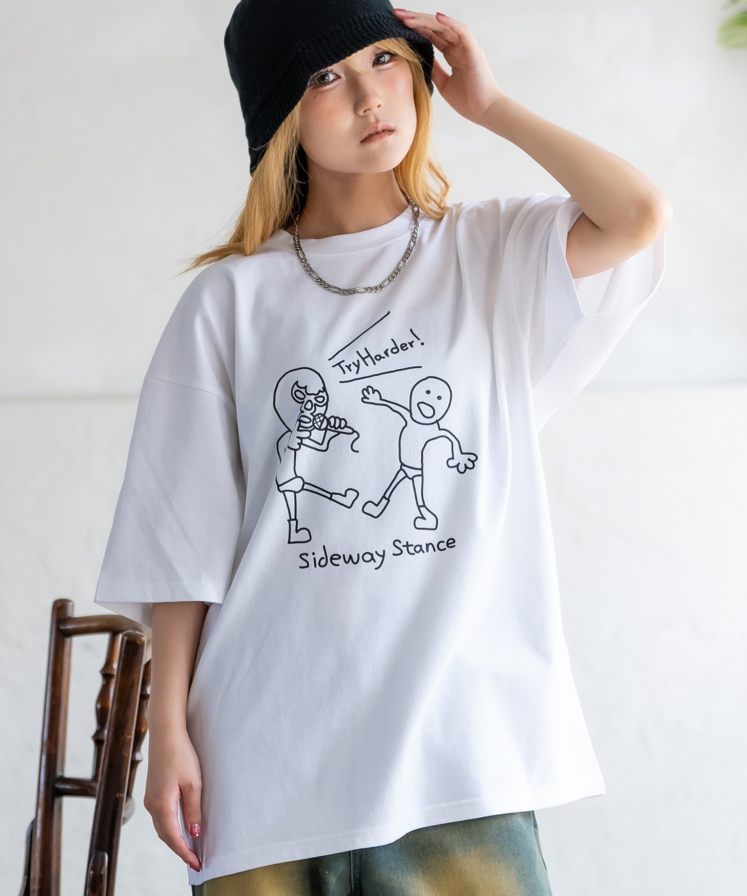 SIDEWAY STANCE SIDEWAY STANCE サイドウェイスタンス レスラープリント 半袖Tシャツ インプローブス トップス カットソー・Tシャツ ブラック ホワイト