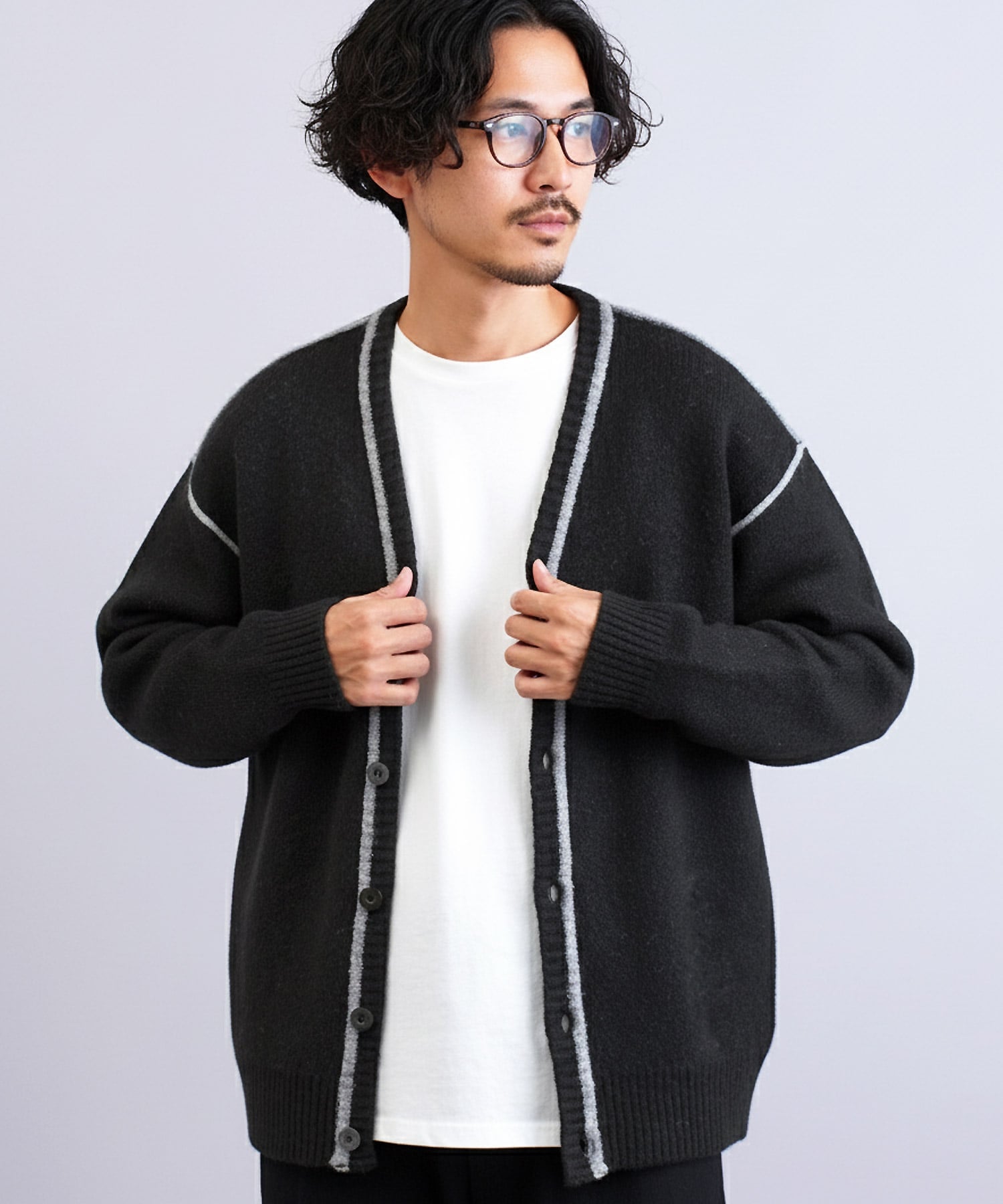 JIGGYS SHOP SELECT ふわもちウール混 配色ラインカーディガン 25AW ウォッシャブル ジギーズショップ トップス カーディガン ブラック オレンジ ネイビー【送料無料】のサムネイル