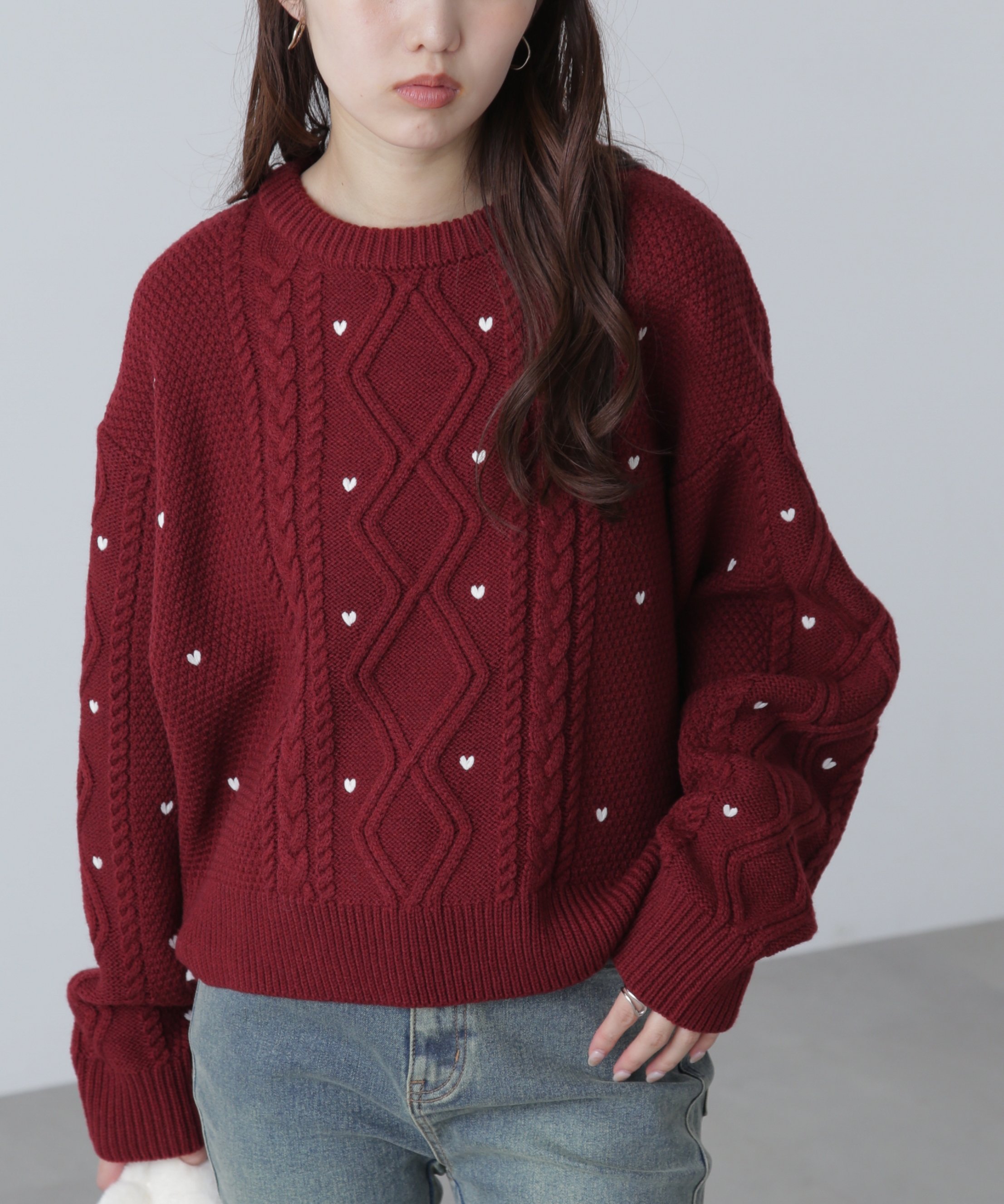 【SALE／50%OFF】FREE'S MART ハート刺繍ケーブルニット フリーズ マート トップス ニット ホワイト グレー レッド