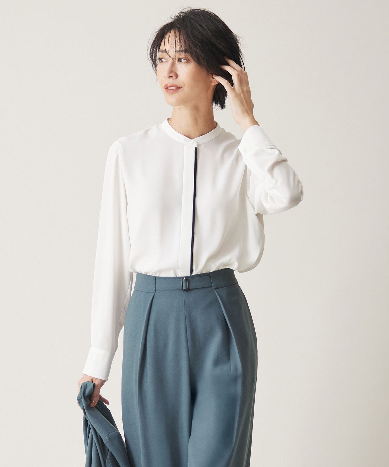 ICB L 【UVケア・速乾・洗える】BackSatinAmunzen バンドカラーブラウス アイシービー トップス シャツ・ブラウス ブラック ピンク ホワイト ネイビー ブルー